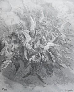 Large Original Antique Print By Gustave Doré, " The Battle of The Angels "