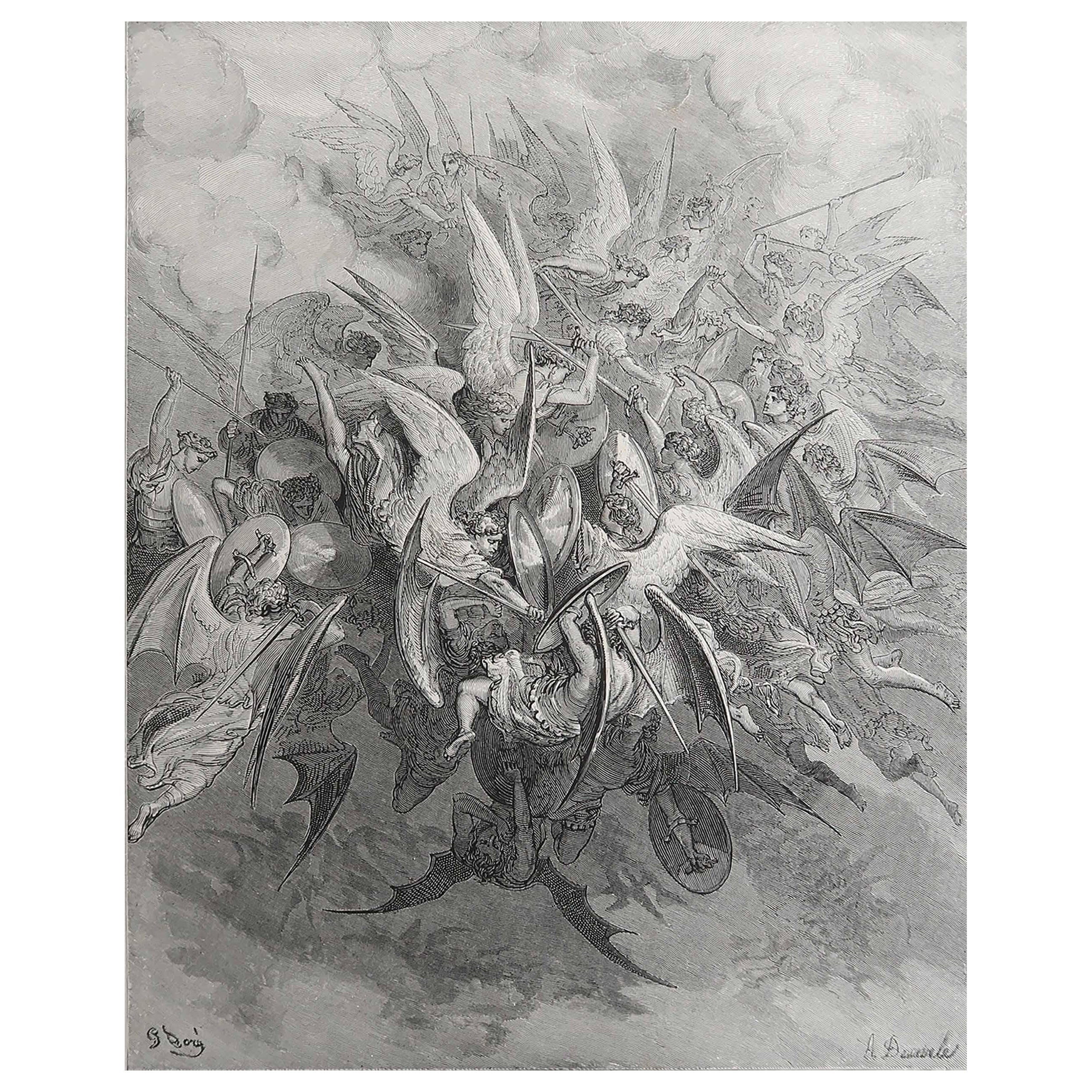Grande estampe ancienne originale de Gustave Doré, " La bataille des anges "