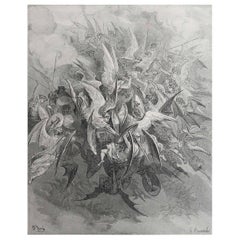 Large Original Antique Print By Gustave Doré, " The Battle of The Angels "