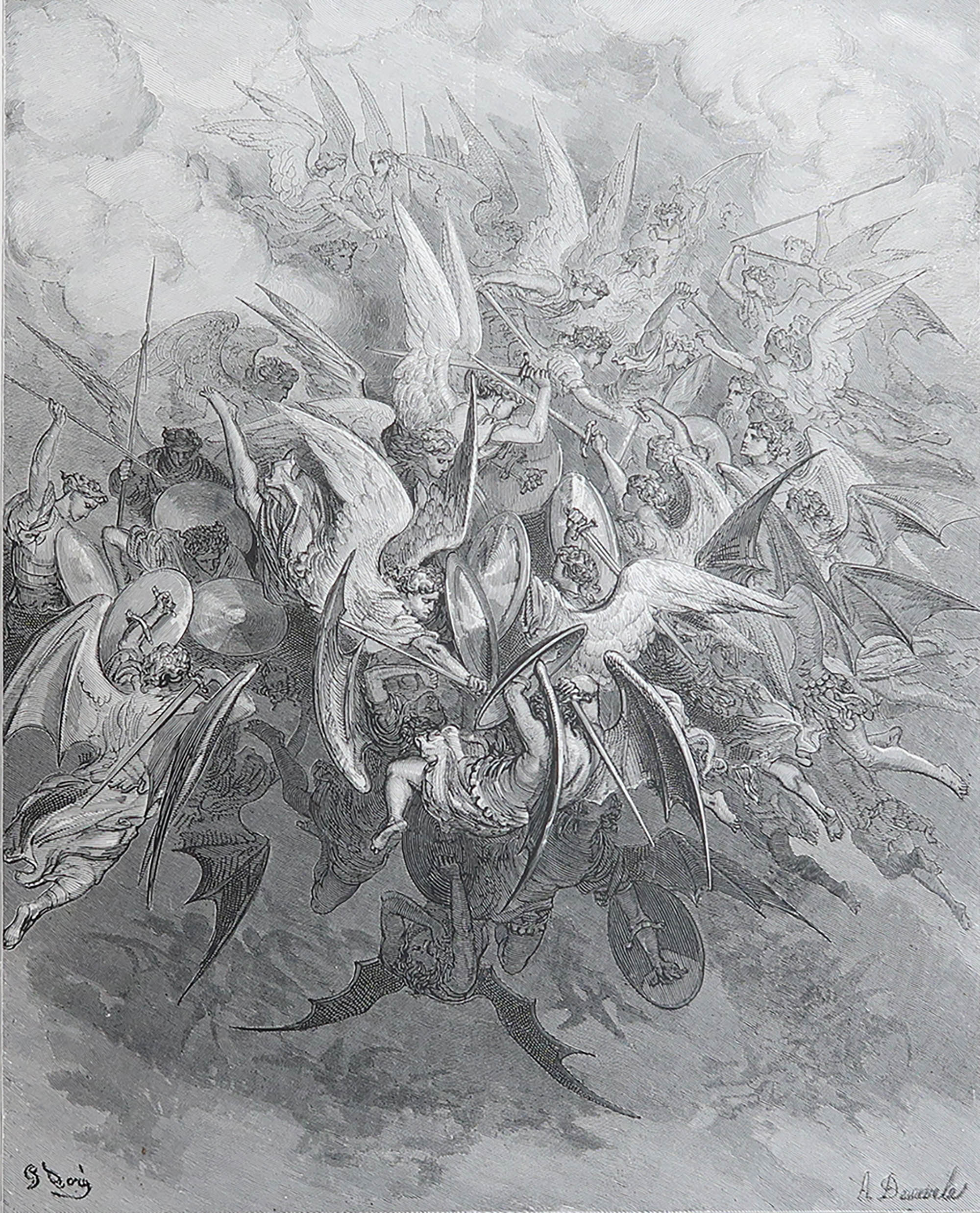 Gran Grabado Antiguo Original de Gustave Doré, " La Batalla de los Ángeles " en venta