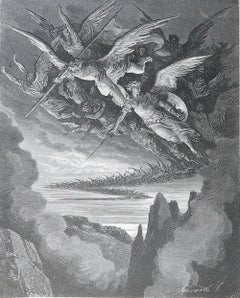 Grande stampa originale antica di Gustave Doré, "Gli angeli caduti".