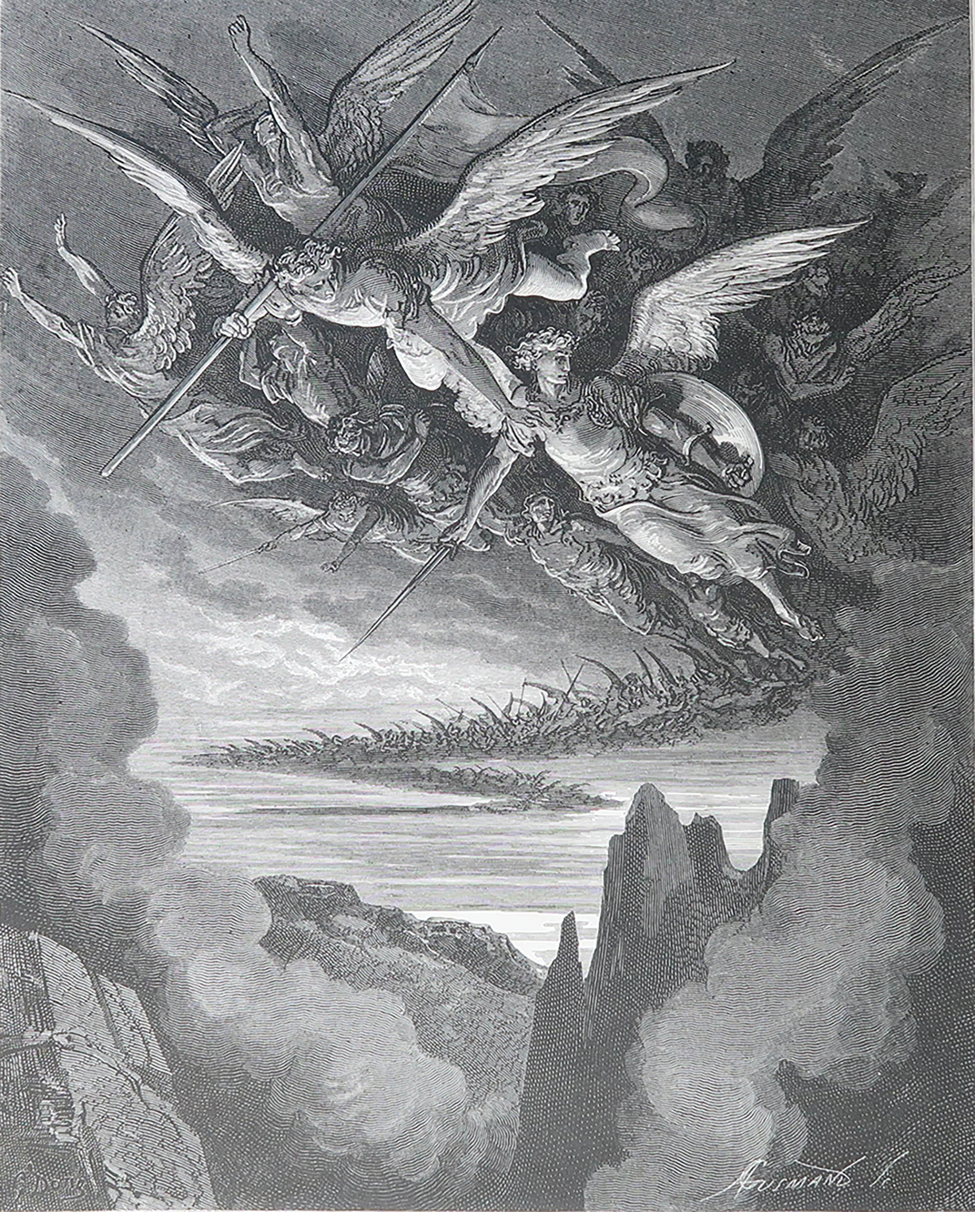 Large Original Antique Print By Gustave Doré, " The Fallen Angels " For Sale