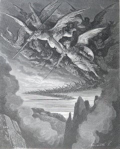 Grande stampa originale antica di Gustave Doré, "Gli angeli caduti".