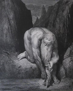 Grande stampa originale antica di Gustave Doré, "Il gigante Antaeus".
