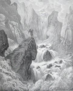 Large Original Antique Print By Gustave Doré, " The River Sunk...Rose Satan "