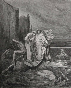 Grande stampa originale antica di Gustave Doré, "Lo spirito di Filippo Argenti".