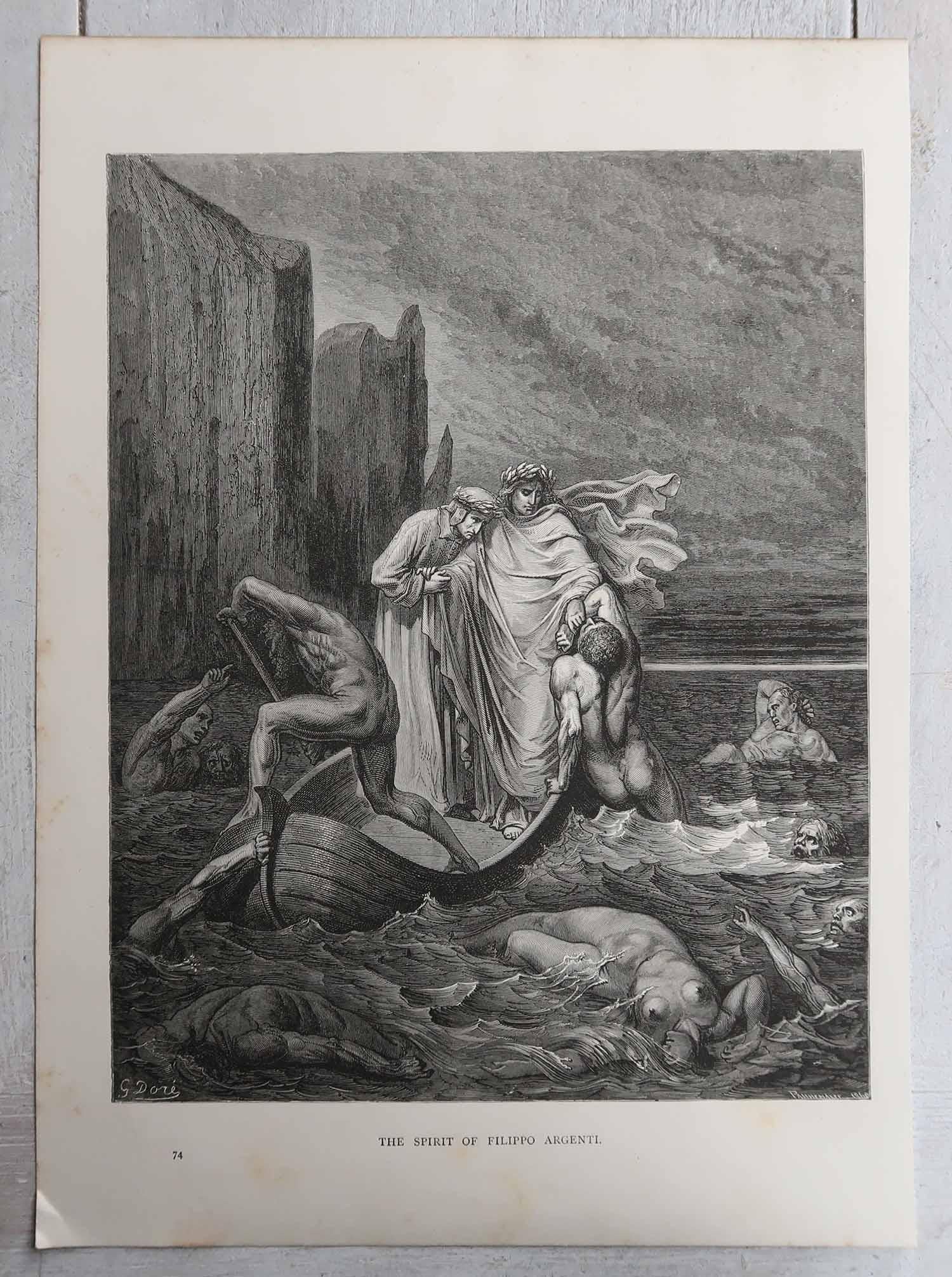 Romantique Grande estampe ancienne originale de Gustave Doré, 
