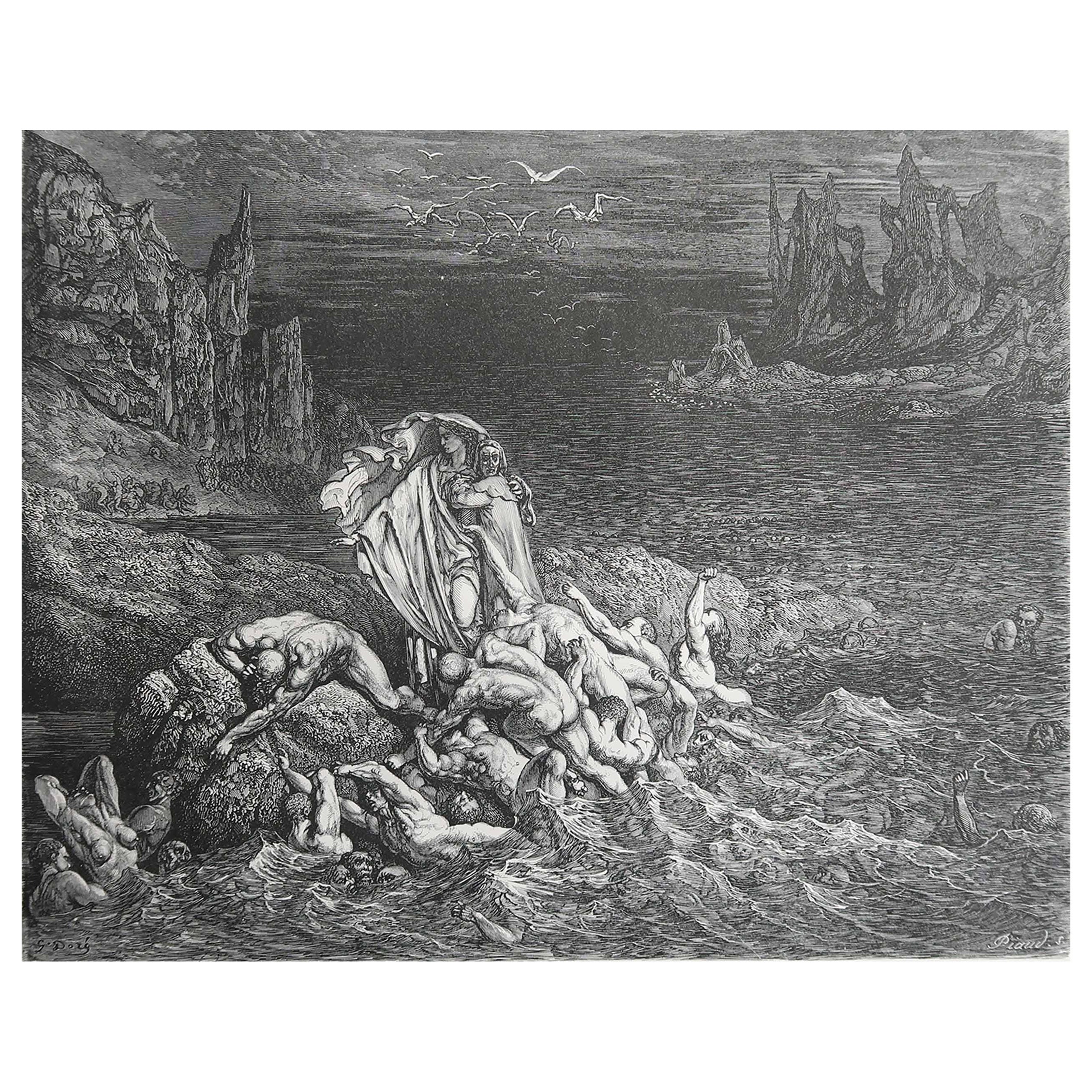 Grande estampe ancienne originale de Gustave Doré, " The Stygian Lake " (Le lac stygien)