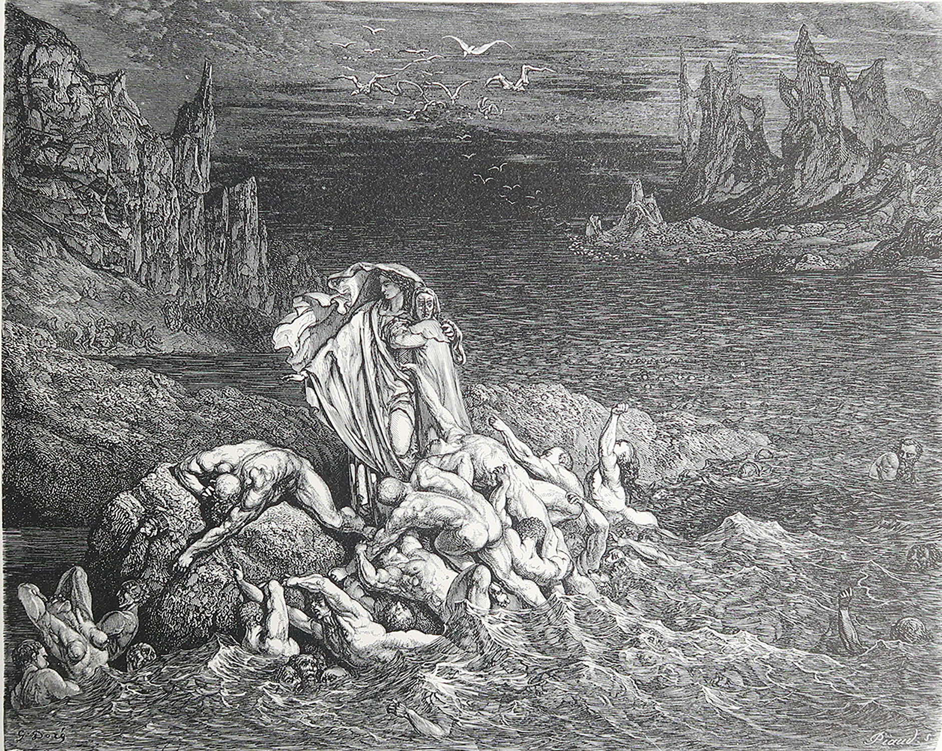 Grande stampa originale antica di Gustave Doré, "Il lago Stige". in vendita
