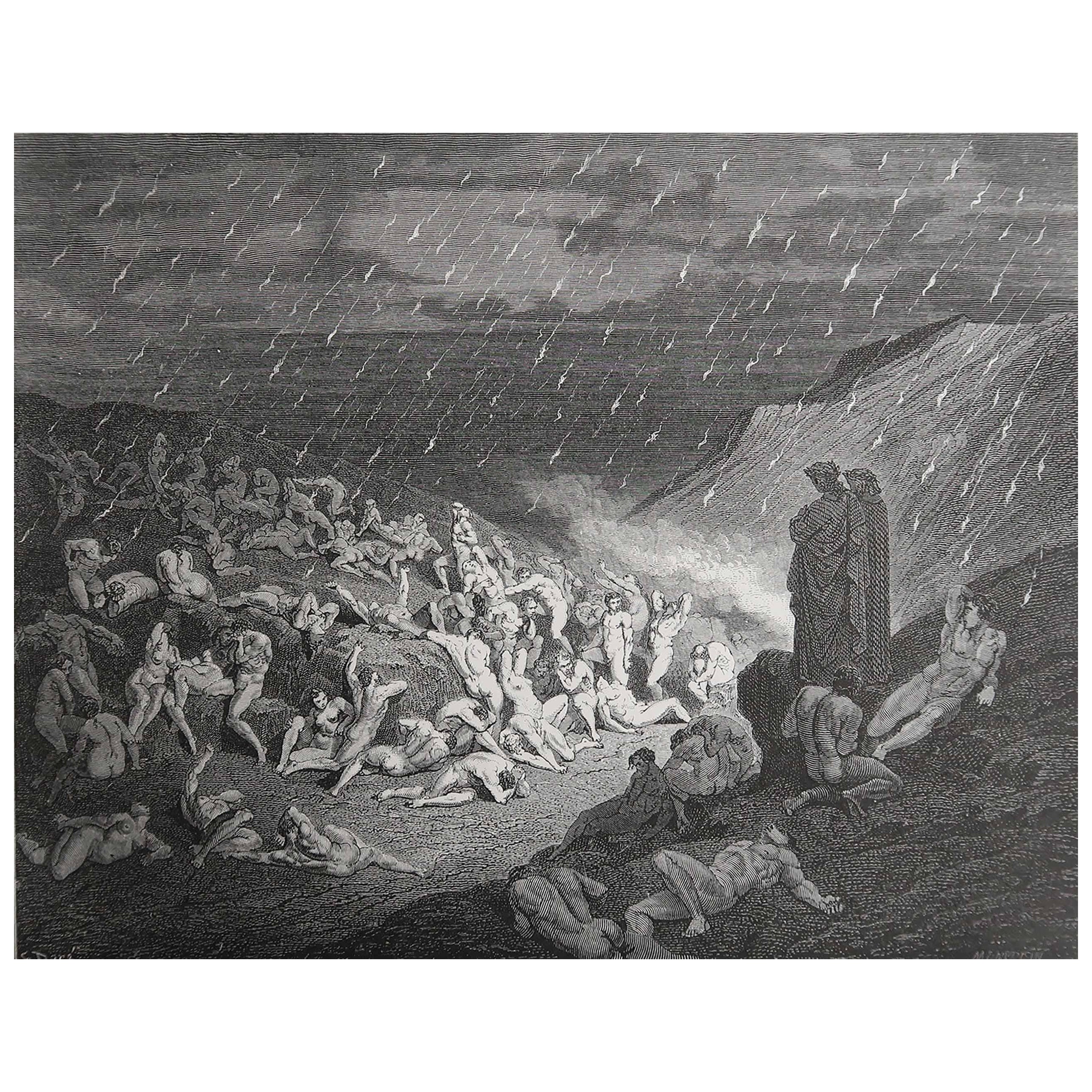 Grande estampe ancienne originale de Gustave Doré, " Le supplice de la pluie ardente "