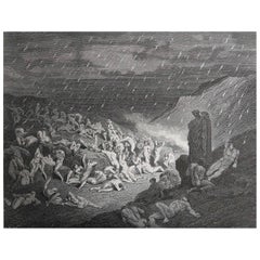 Grande stampa originale antica di Gustave Doré, "La tortura della pioggia infuocata".