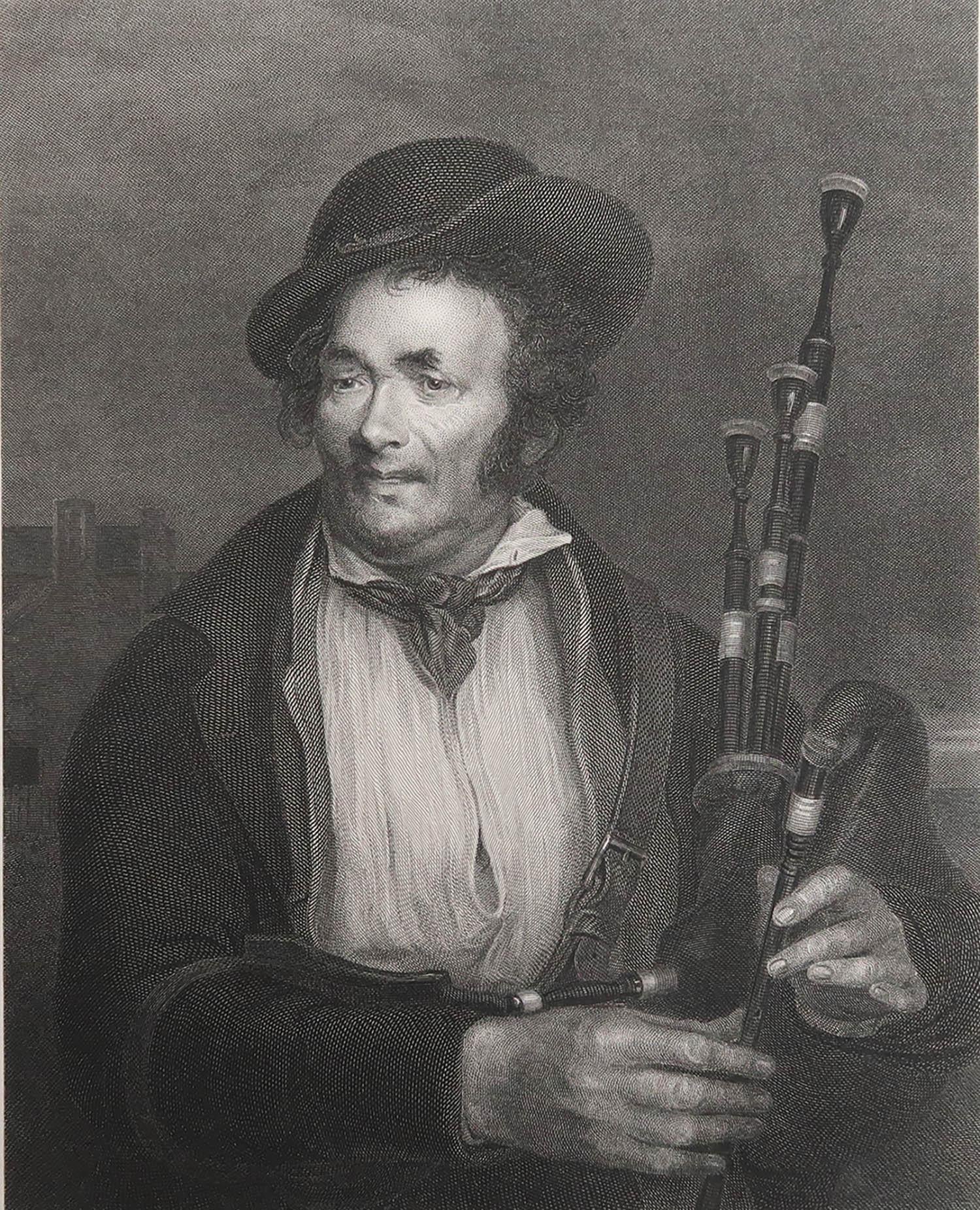 Great image of a bagpipe player

Fine steel engraving by R.C Bell

After David Wilkie

Published circa 1850

Unframed.