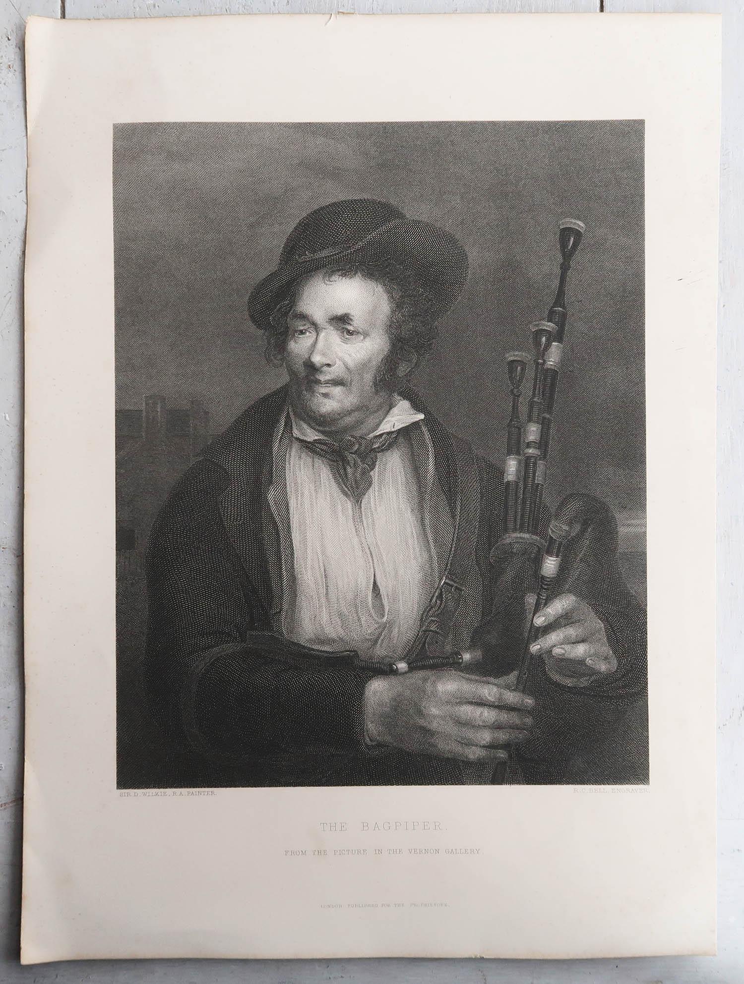 English Large Original Antique Print of a Bagpipe Player, circa 1850