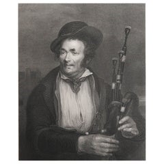 Large Original Antique Print of a Bagpipe Player, circa 1850