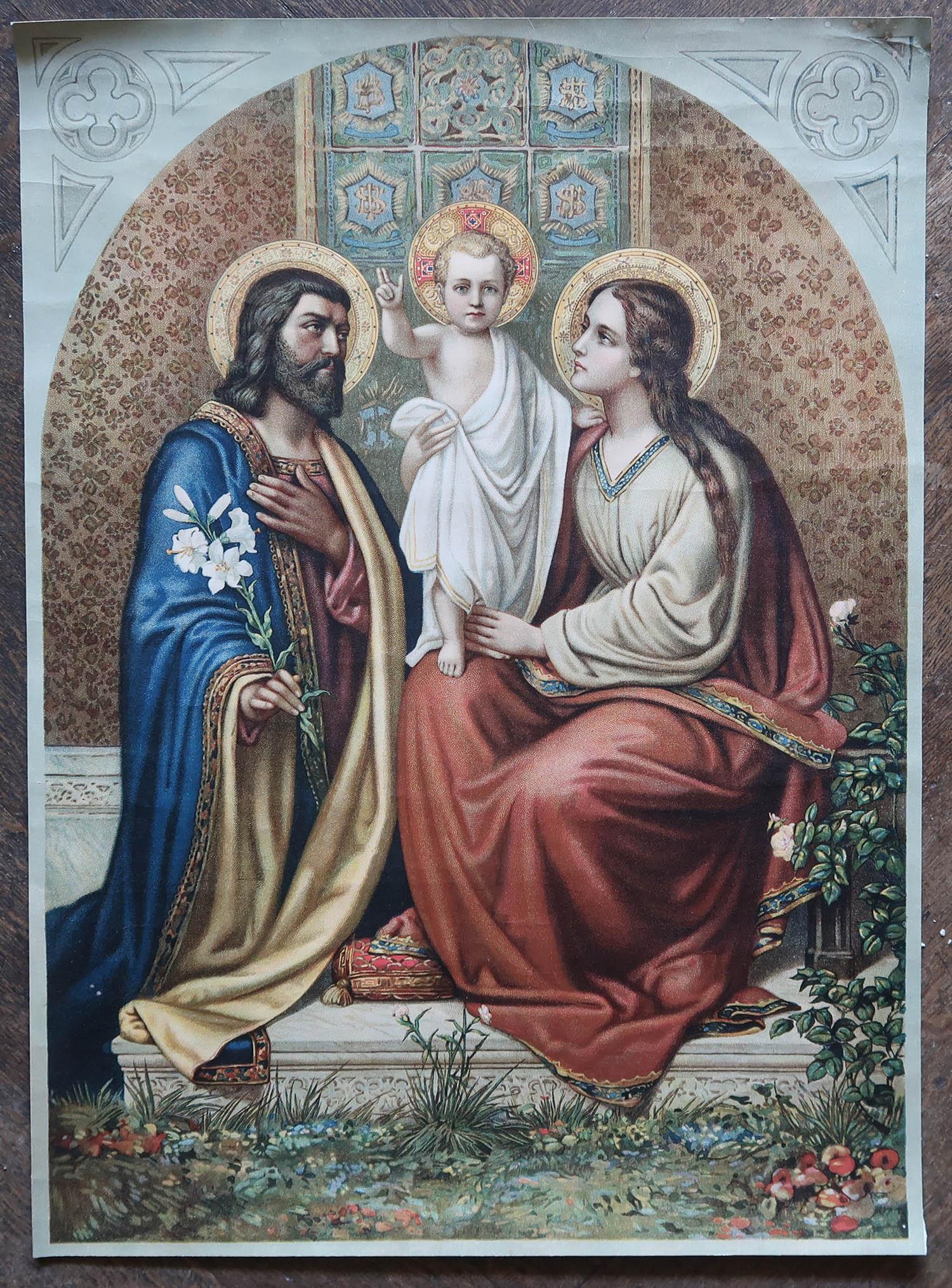 Néo-Renaissance Grande gravure ancienne originale de la Sainte Famille, vers 1900 en vente
