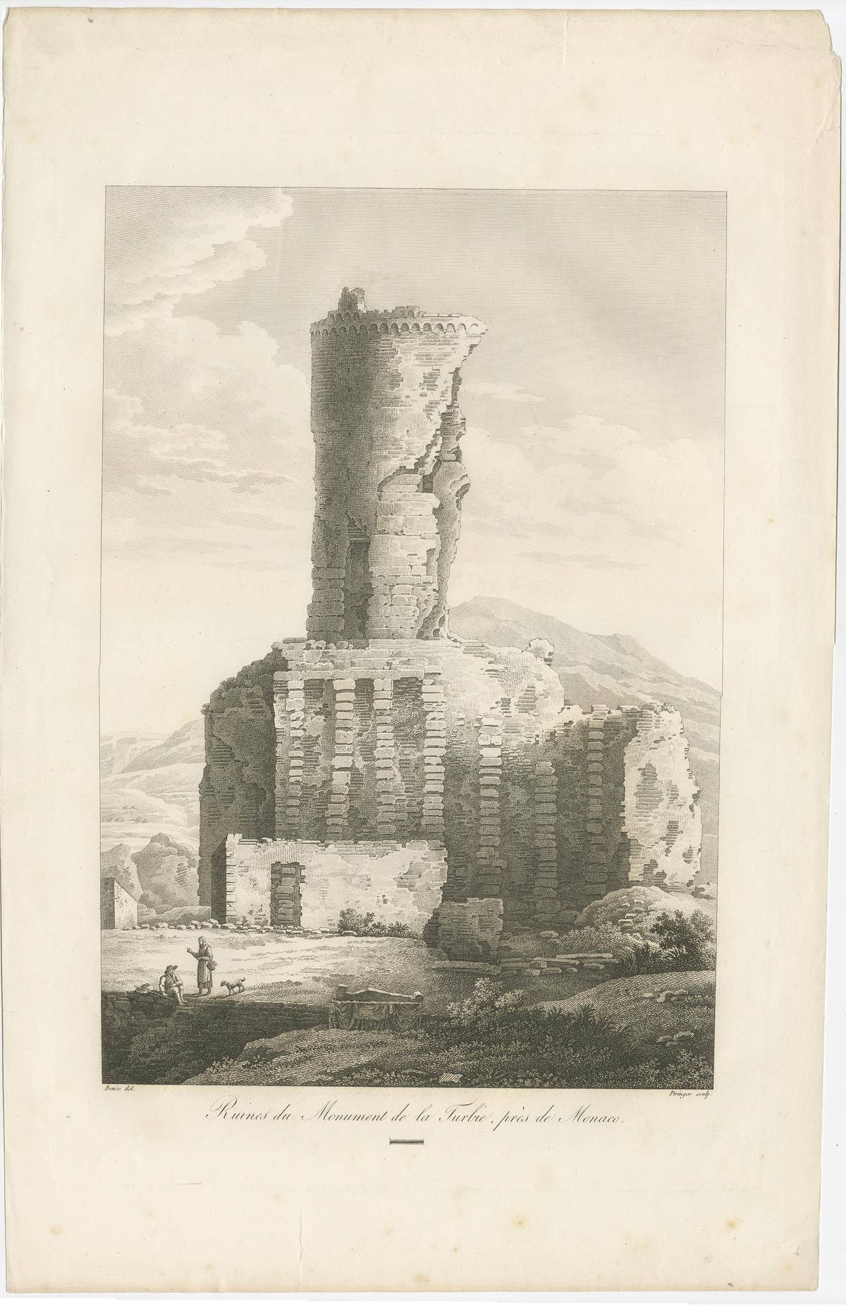 Large, Original Antique Print of the Roman Tropaeum Alpium, Near Monaco, ca.1780