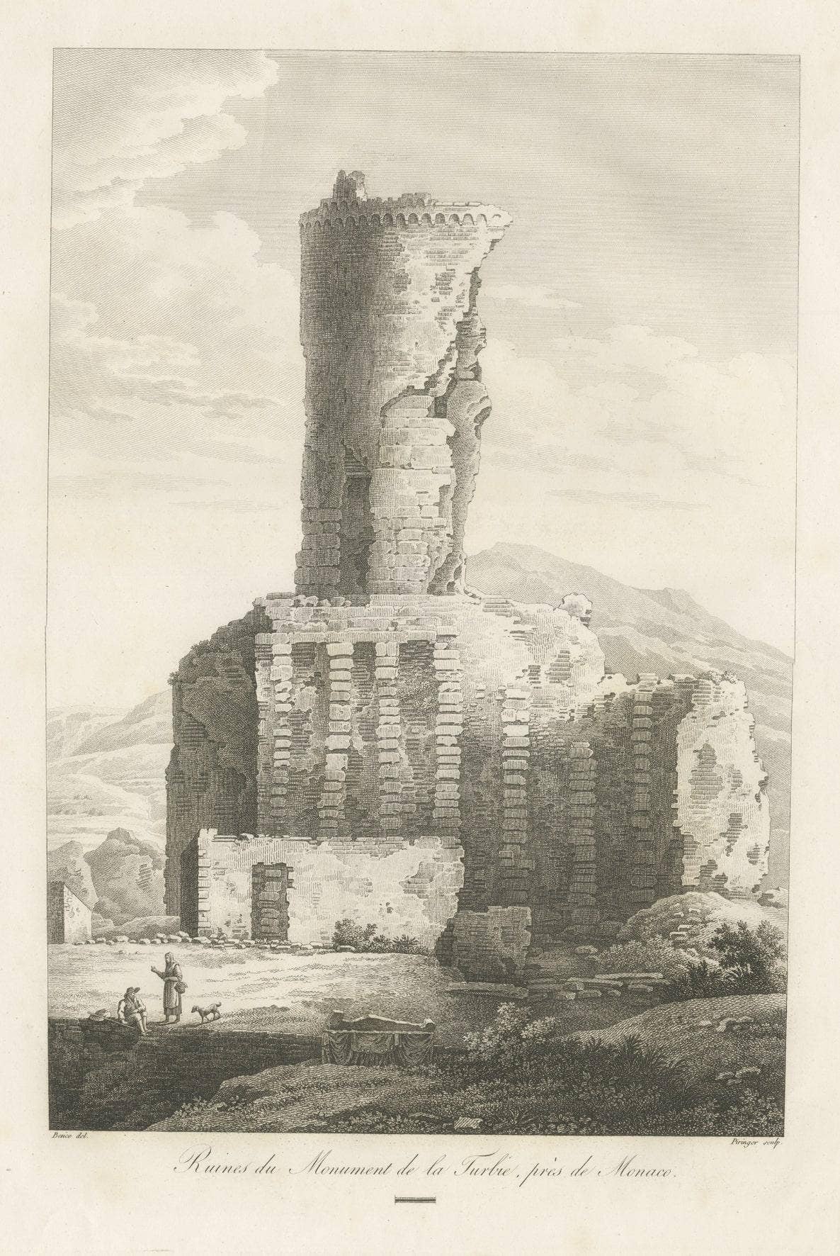 Large, Original Antique Print of the Roman Tropaeum Alpium, Near Monaco, ca.1780