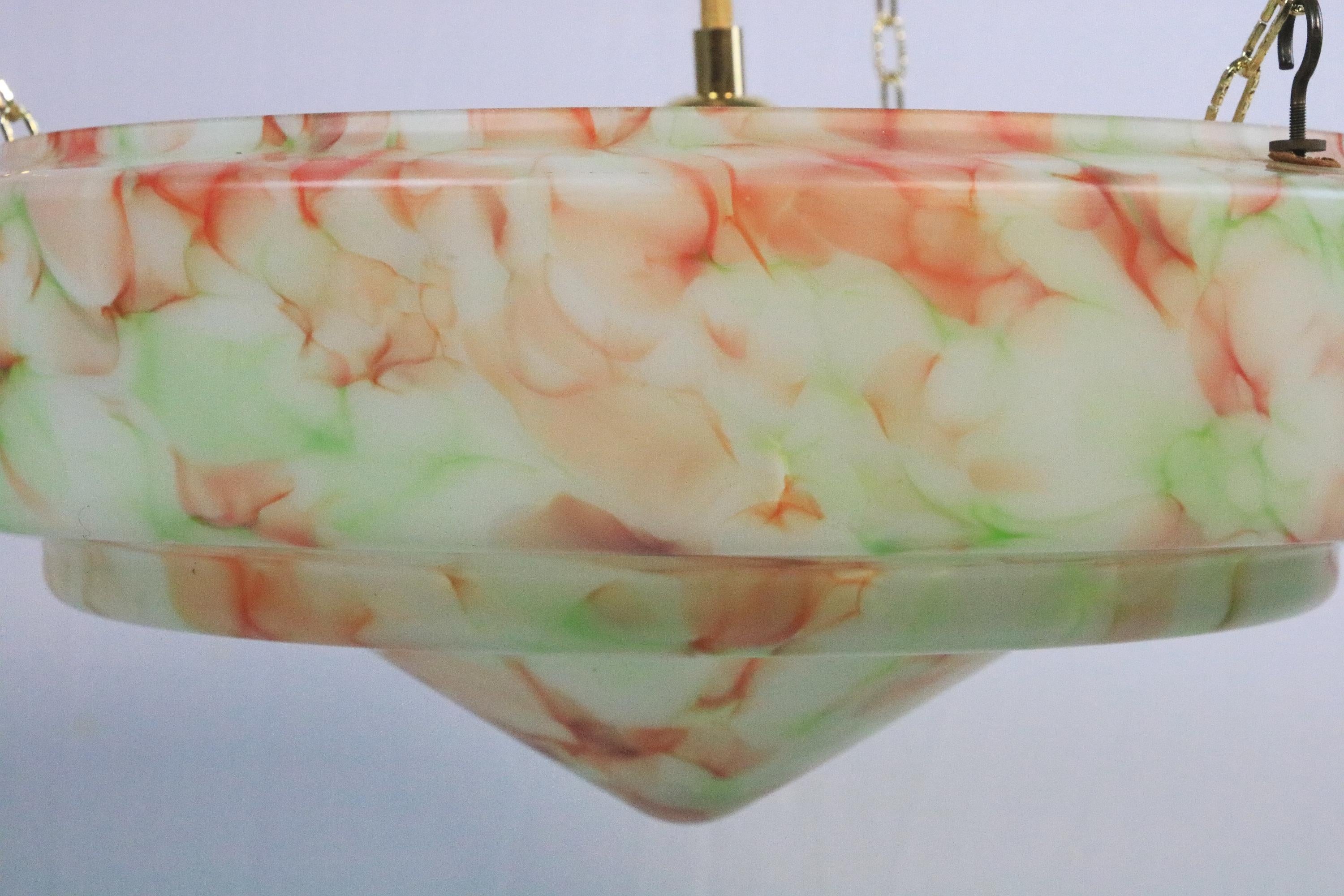 Large Original Art Deco Glass Hanging Light, Lamp, Glass / Brass, 1920s For Sale 1