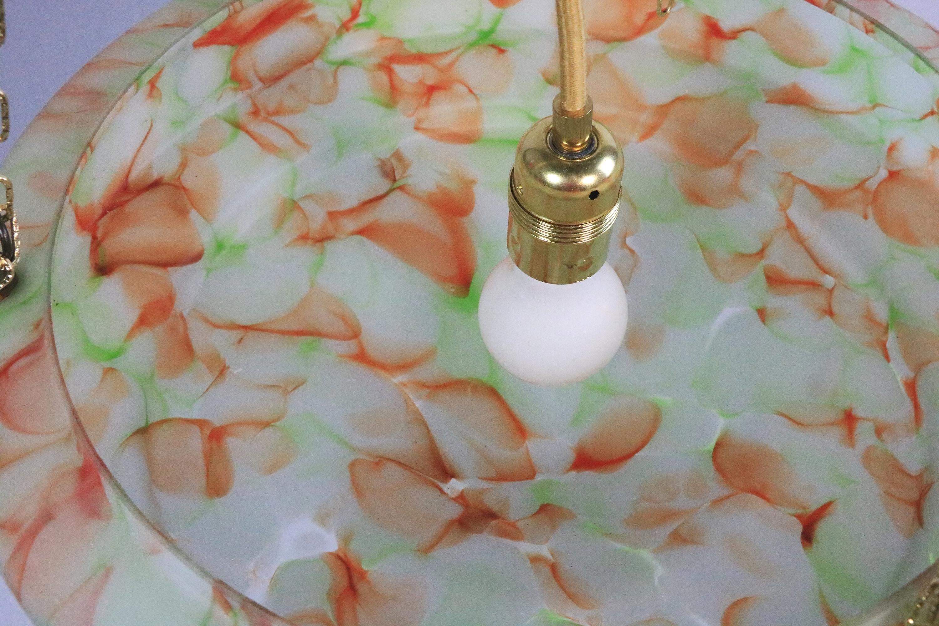 Large Original Art Deco Glass Hanging Light, Lamp, Glass / Brass, 1920s For Sale 2