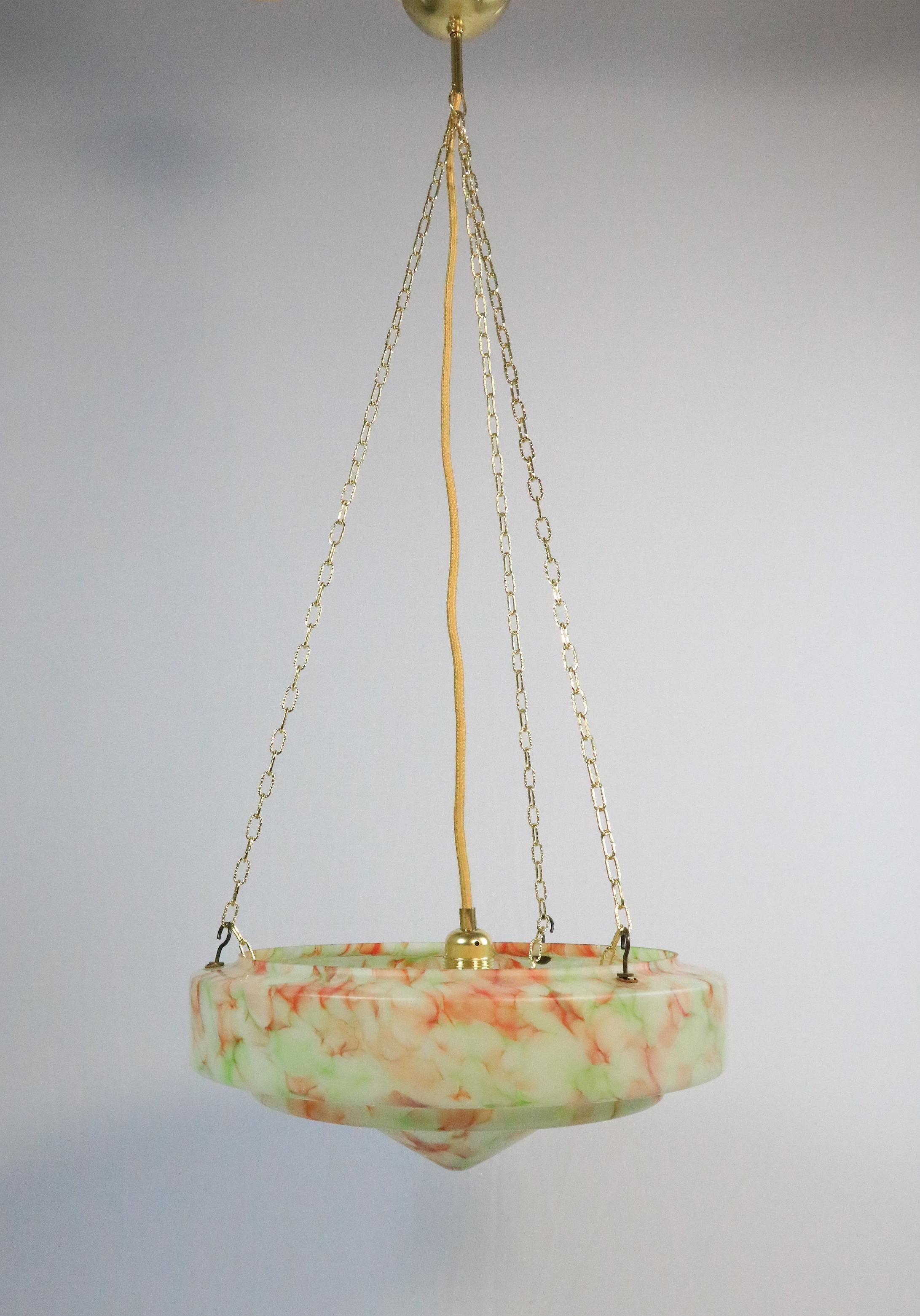 Large Original Art Deco Glass Hanging Light, Lamp, Glass / Brass, 1920s For Sale 4