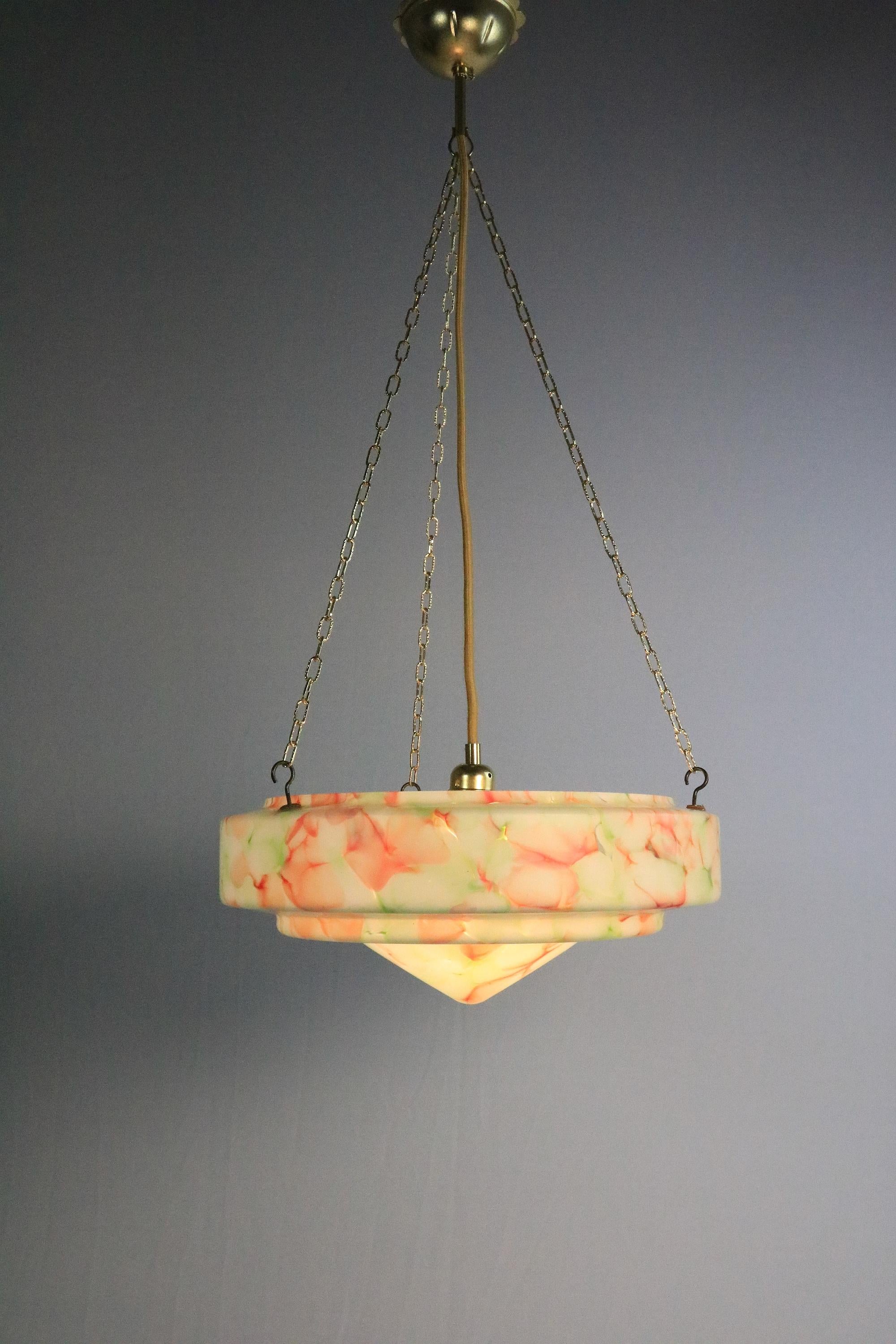 German Large Original Art Deco Glass Hanging Light, Lamp, Glass / Brass, 1920s For Sale