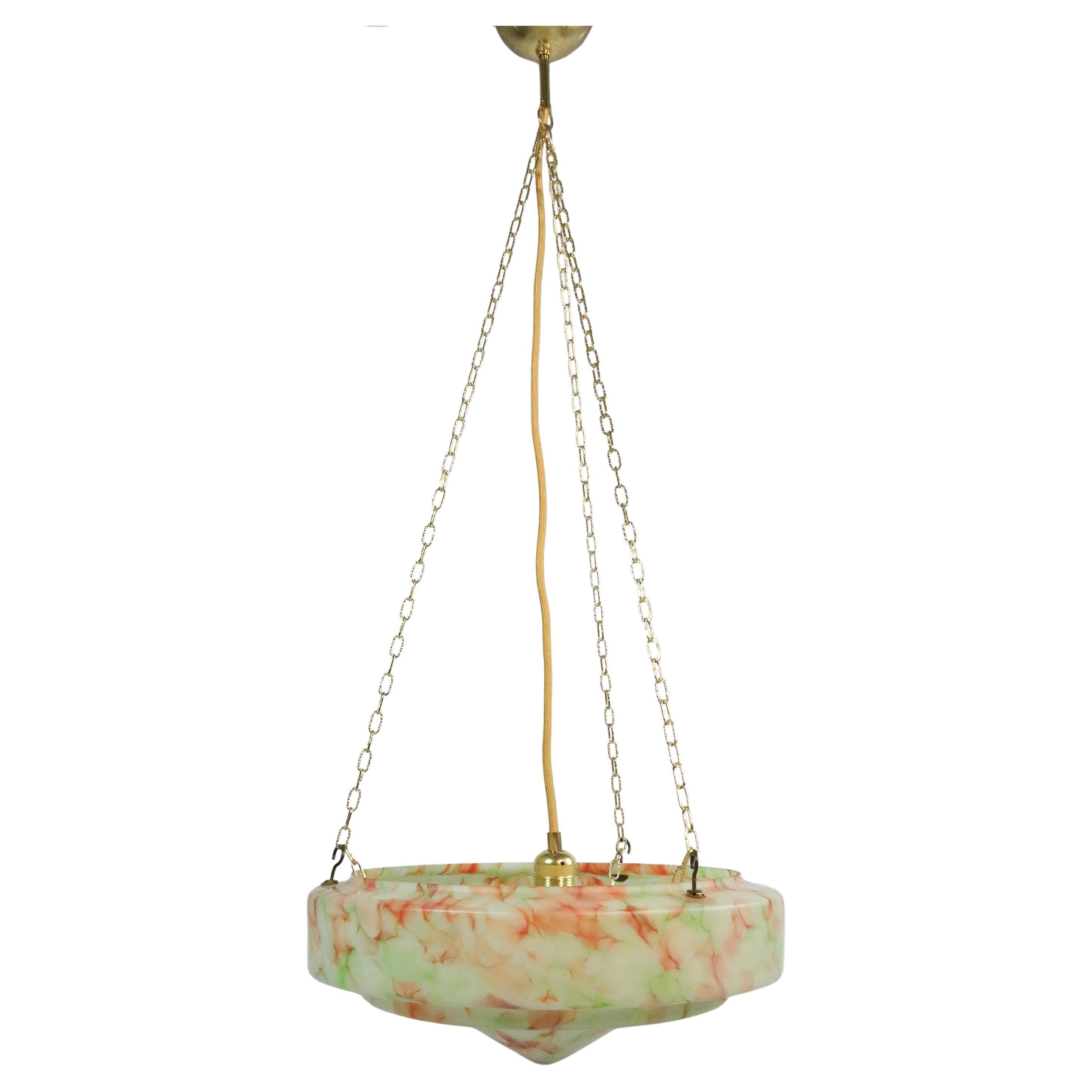 Large Original Art Deco Glass Hanging Light, Lamp, Glass / Brass, 1920s