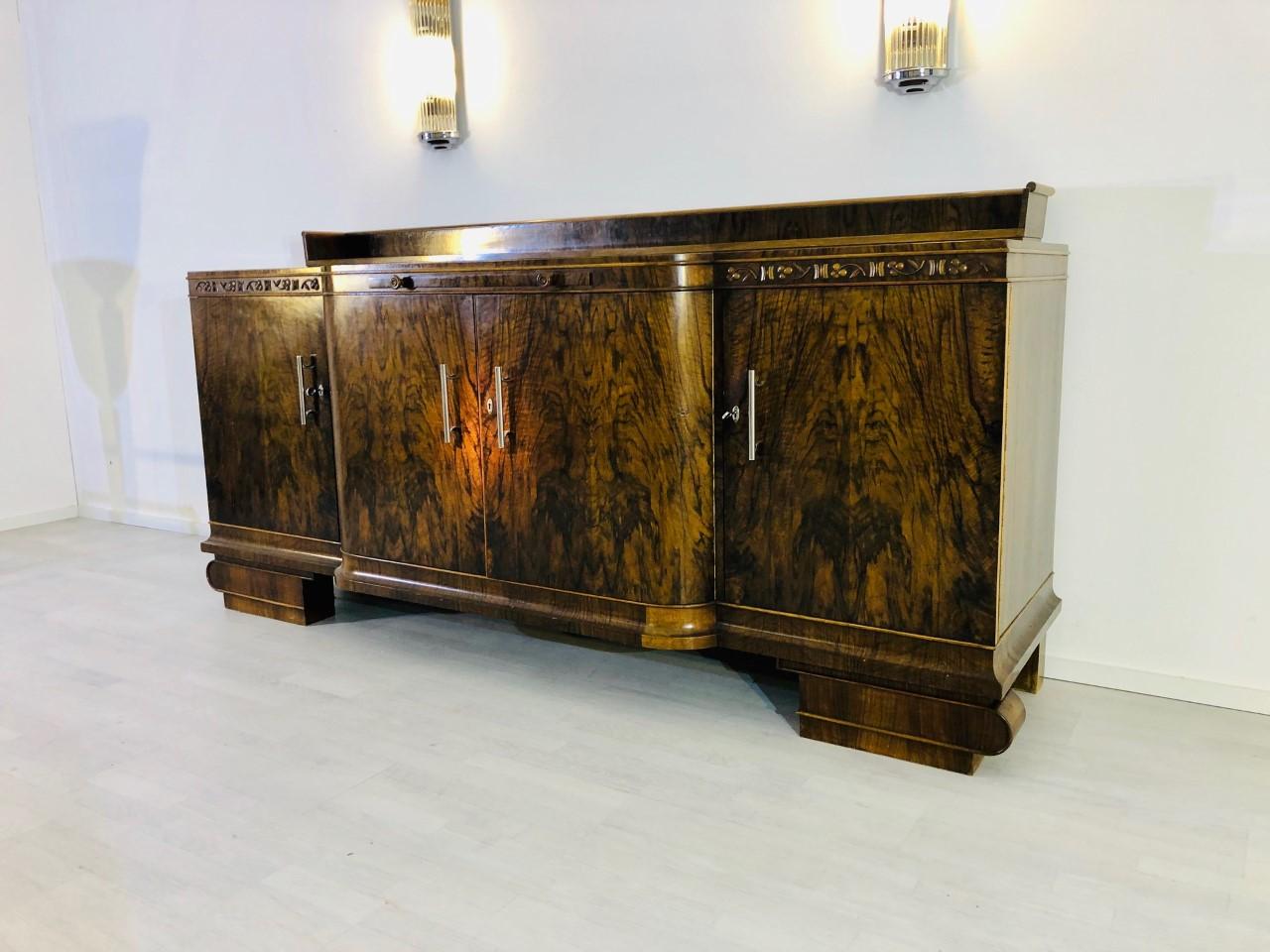 French Large Original Art Deco Sideboard made of Walnut with Cherry Ornamentation
