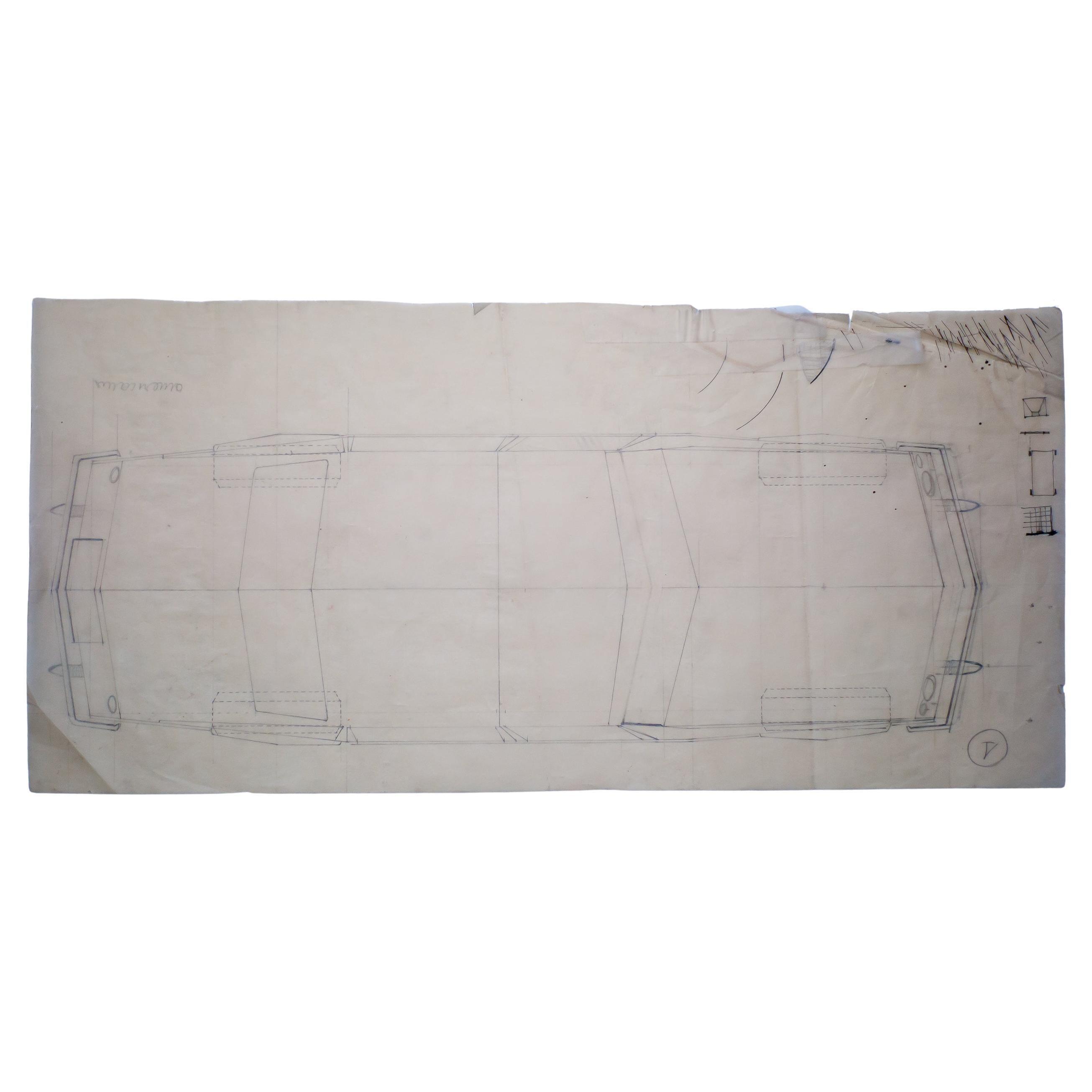 Large Original Drawing by Gio Ponti, 1952, Created for Touring Carrozzeria Milan
