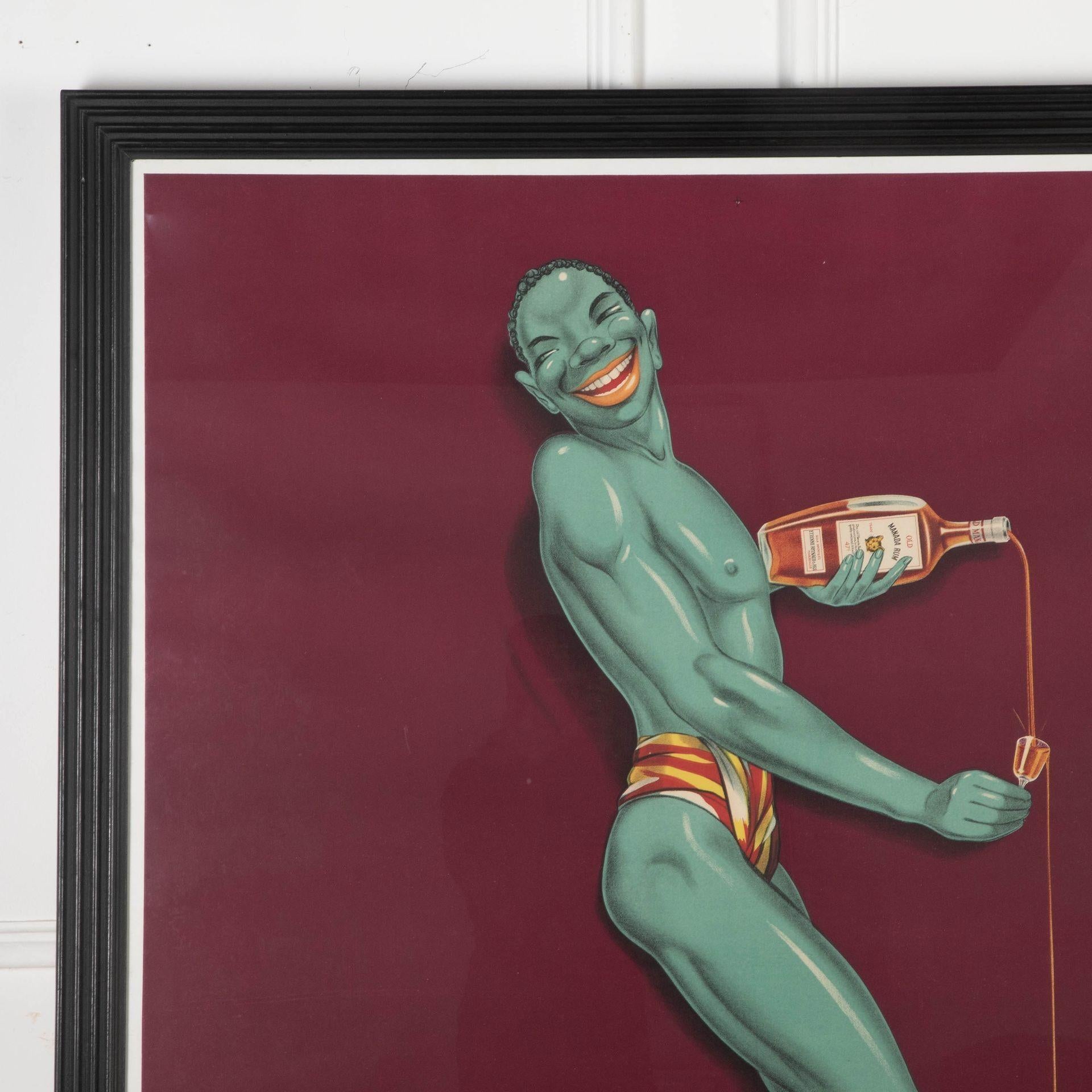 Large oversized French 1930s lithographic advertising poster for Manada Rum.
This poster is mounted on conservation grade acid free linen backing and later framed in a black painted pine frame and protective glass glazing.