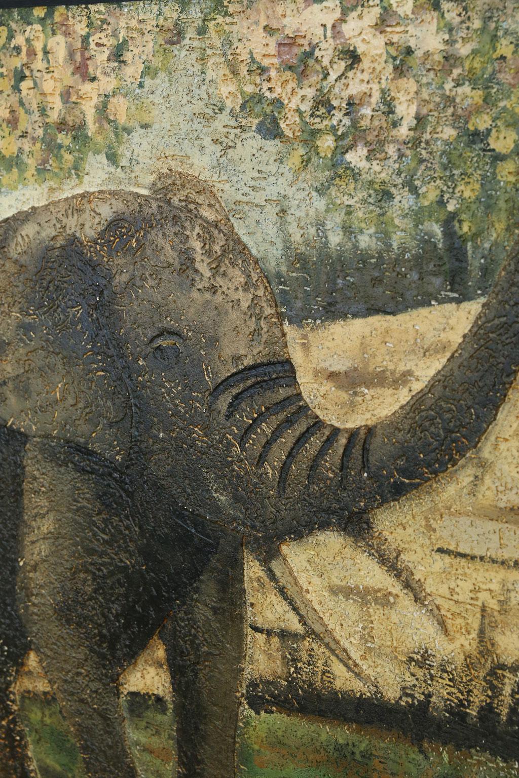 This quirky hand painted elephant is painted on board with some bas-relief like texture. It is highly decorative and arresting. Newly framed in the USA. Could be used in any room of a house or office, circa 1970s. Three dimensional effect.