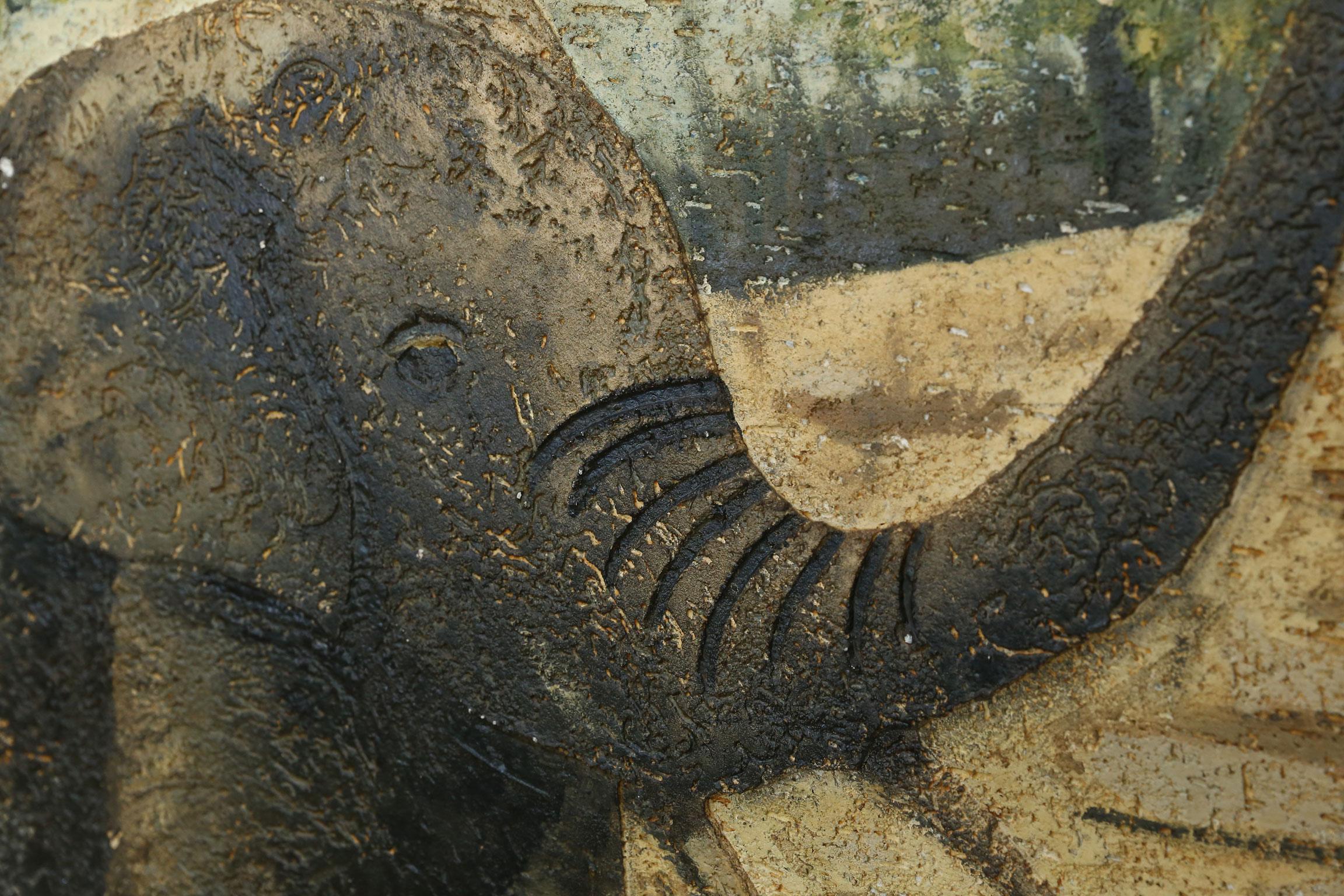 Folk Art Large Original European Textured Painting of Elephant