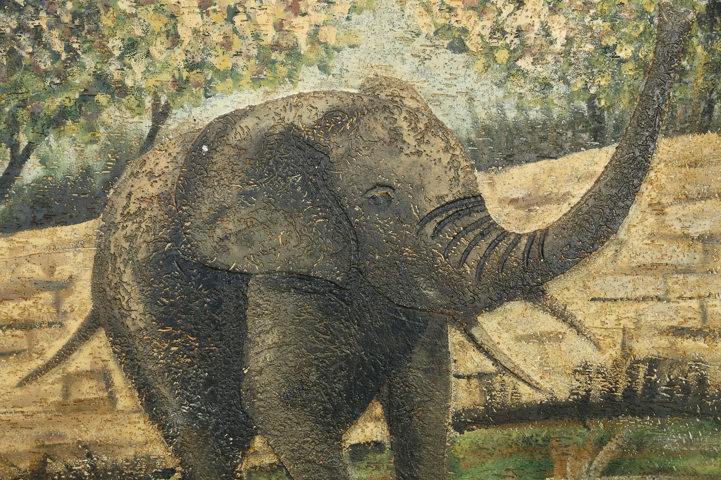 Belgian Large Original European Textured Painting of Elephant