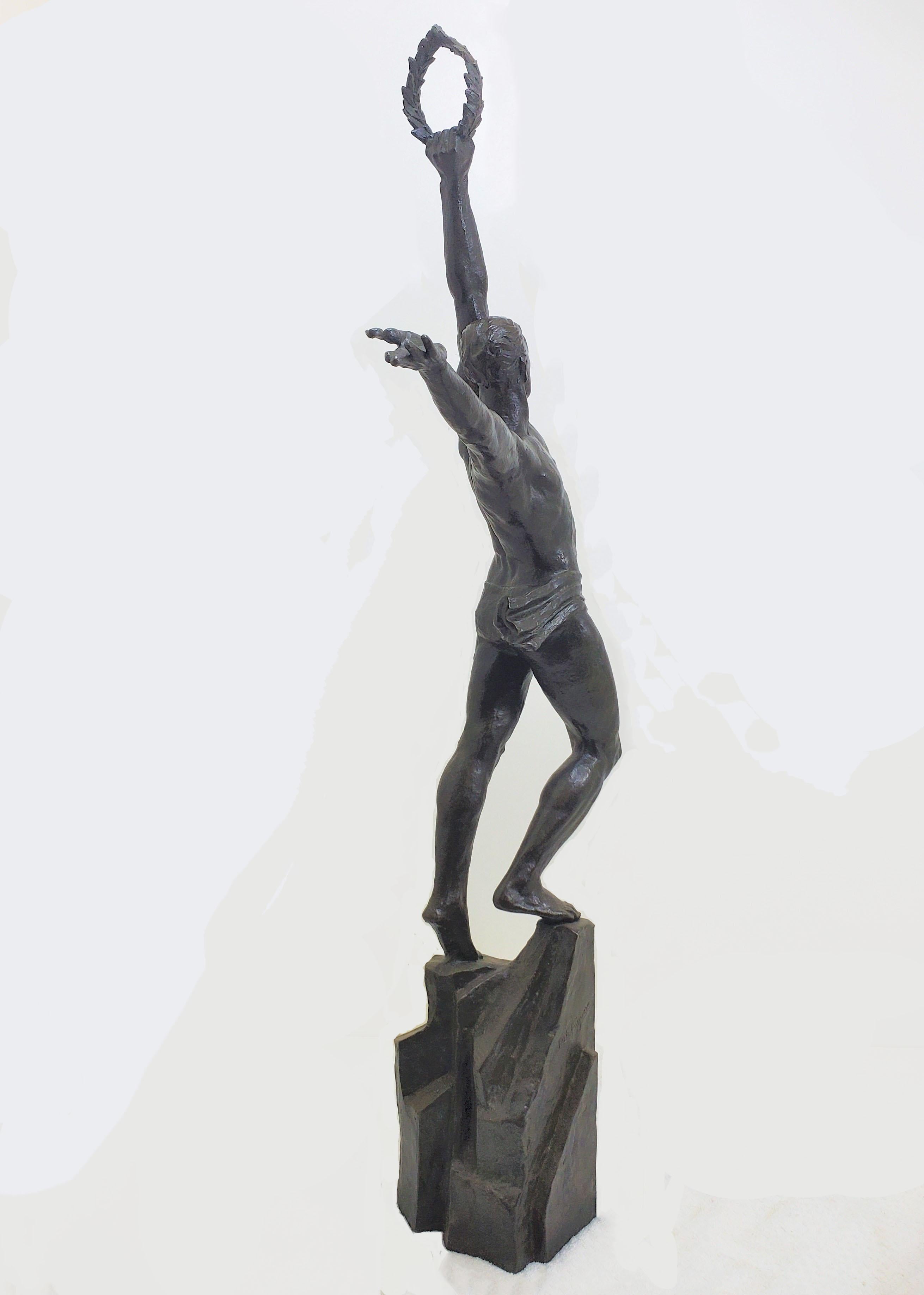 Large Original French Art Deco Bronze of a Semi-Nude Male Athlete by Le Faguays For Sale 6