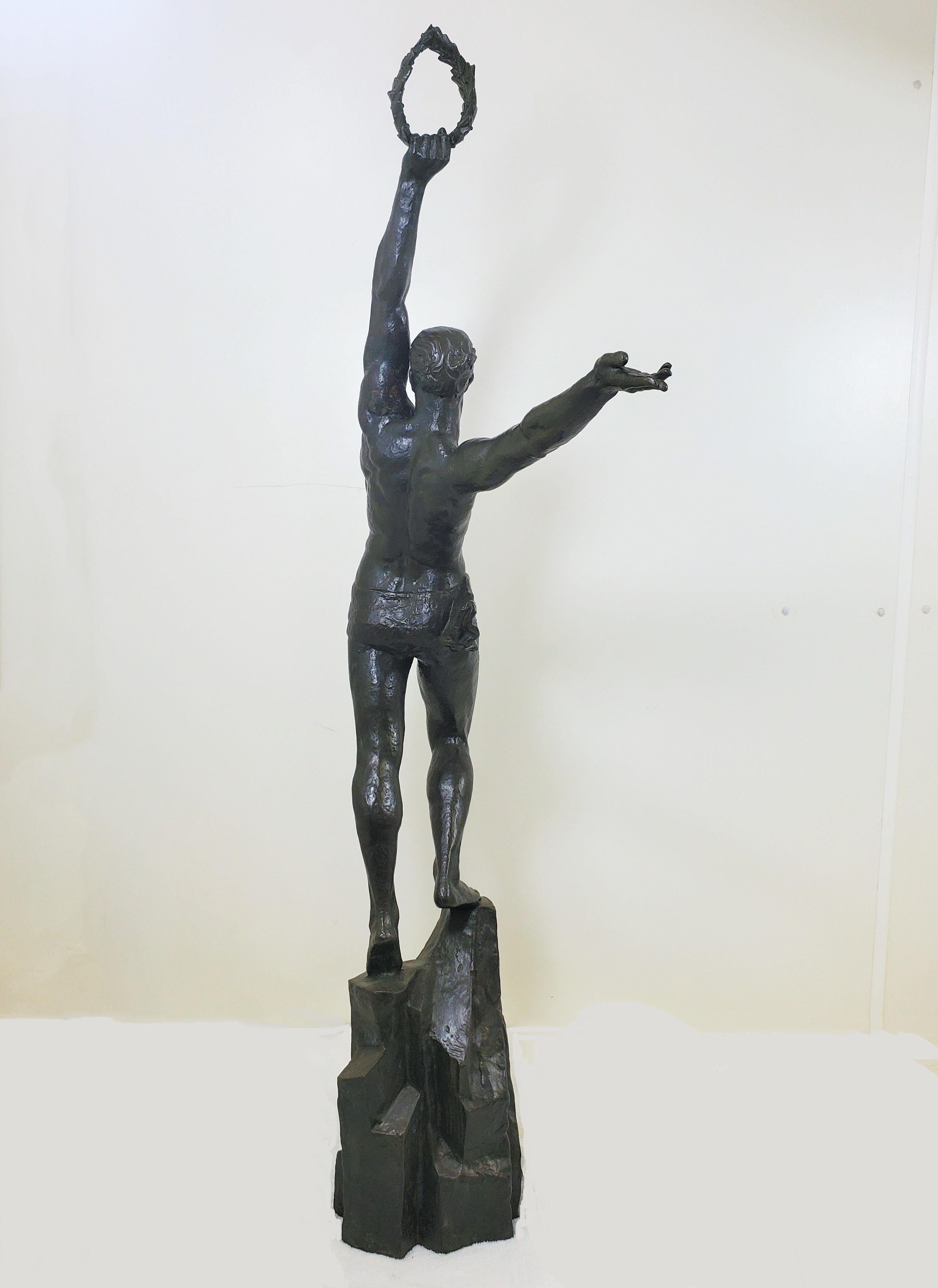 Large Original French Art Deco Bronze of a Semi-Nude Male Athlete by Le Faguays For Sale 7