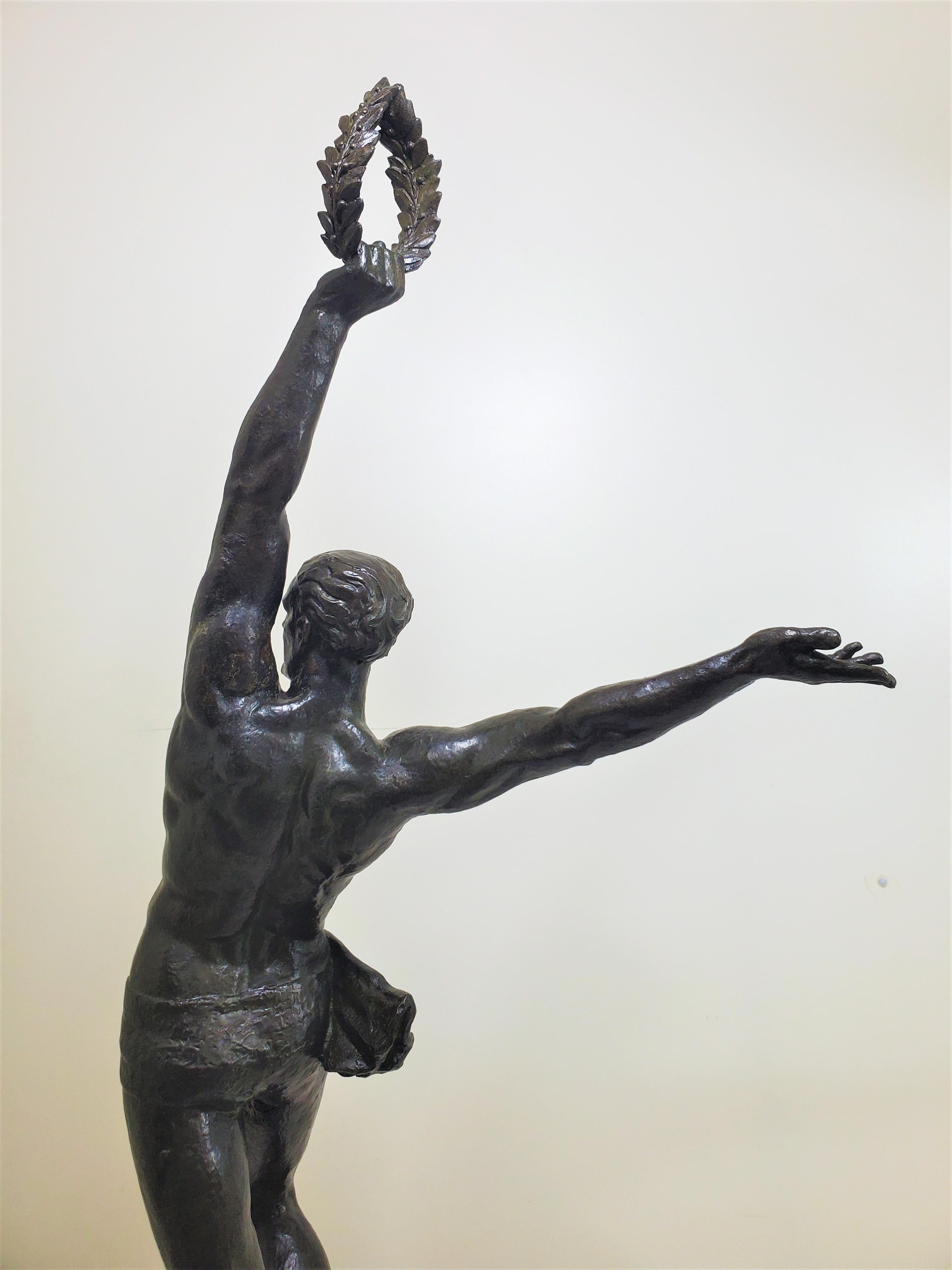 Large Original French Art Deco Bronze of a Semi-Nude Male Athlete by Le Faguays For Sale 8