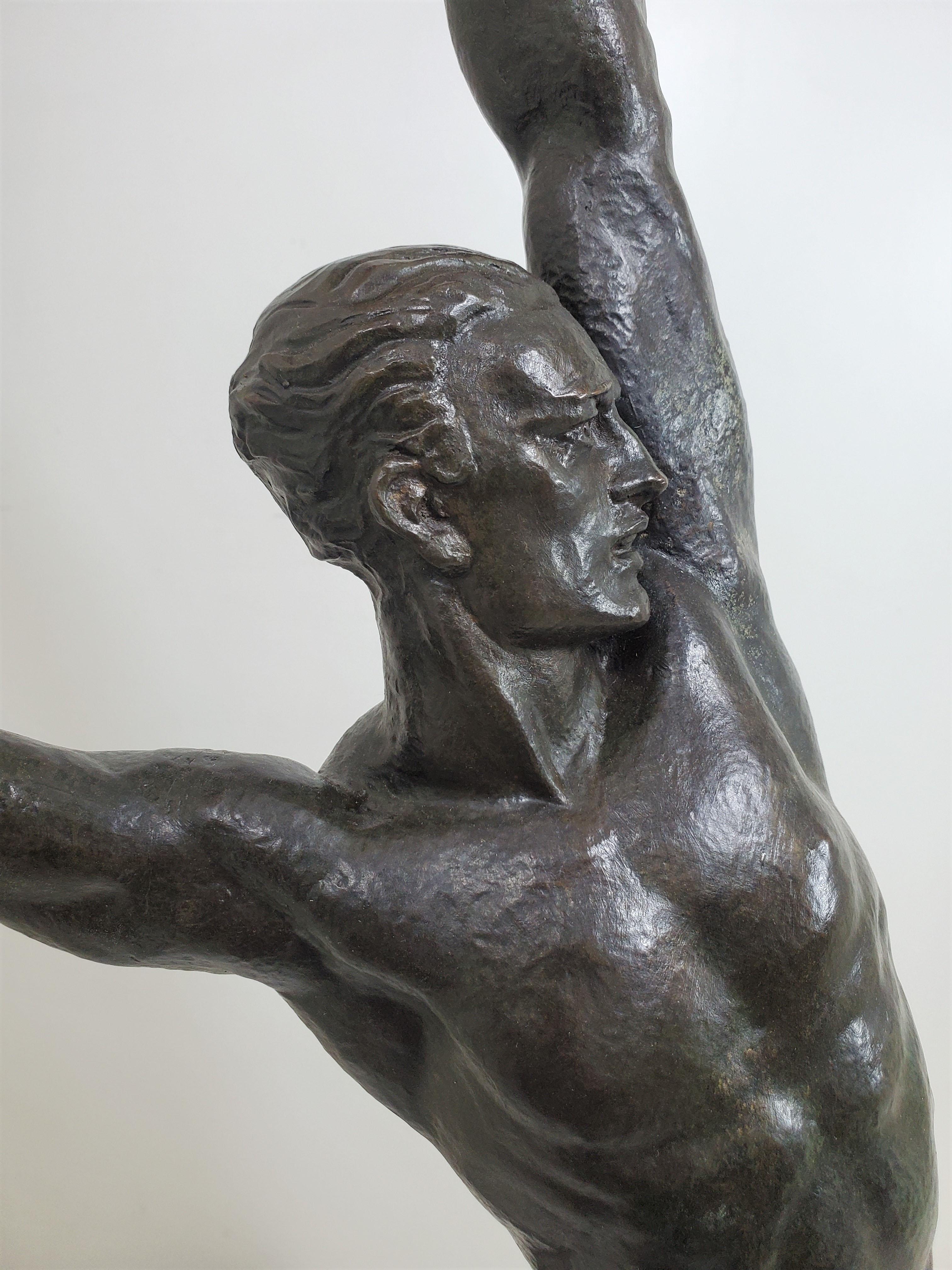 Large Original French Art Deco Bronze of a Semi-Nude Male Athlete by Le Faguays For Sale 9
