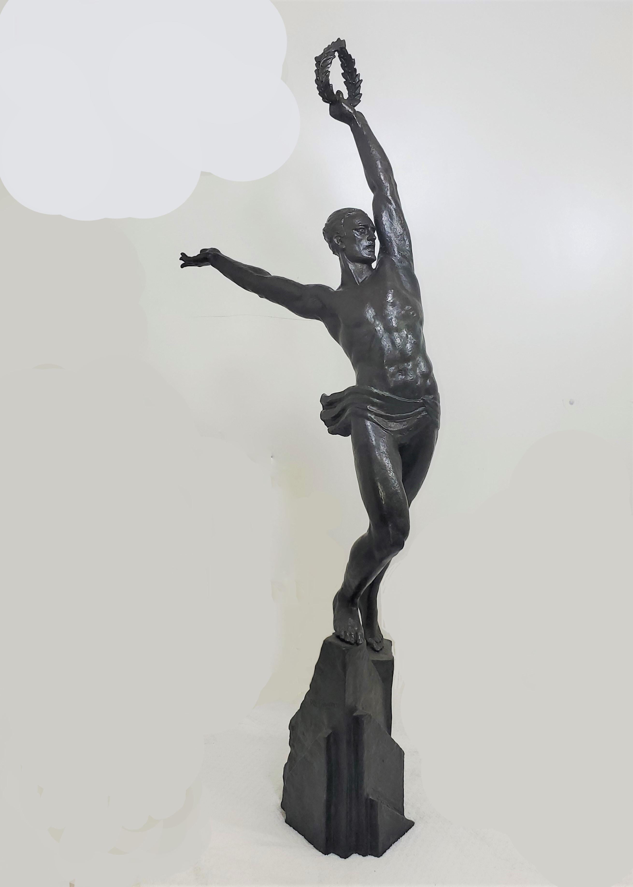 Large Original French Art Deco Bronze of a Semi-Nude Male Athlete by Le Faguays For Sale 16