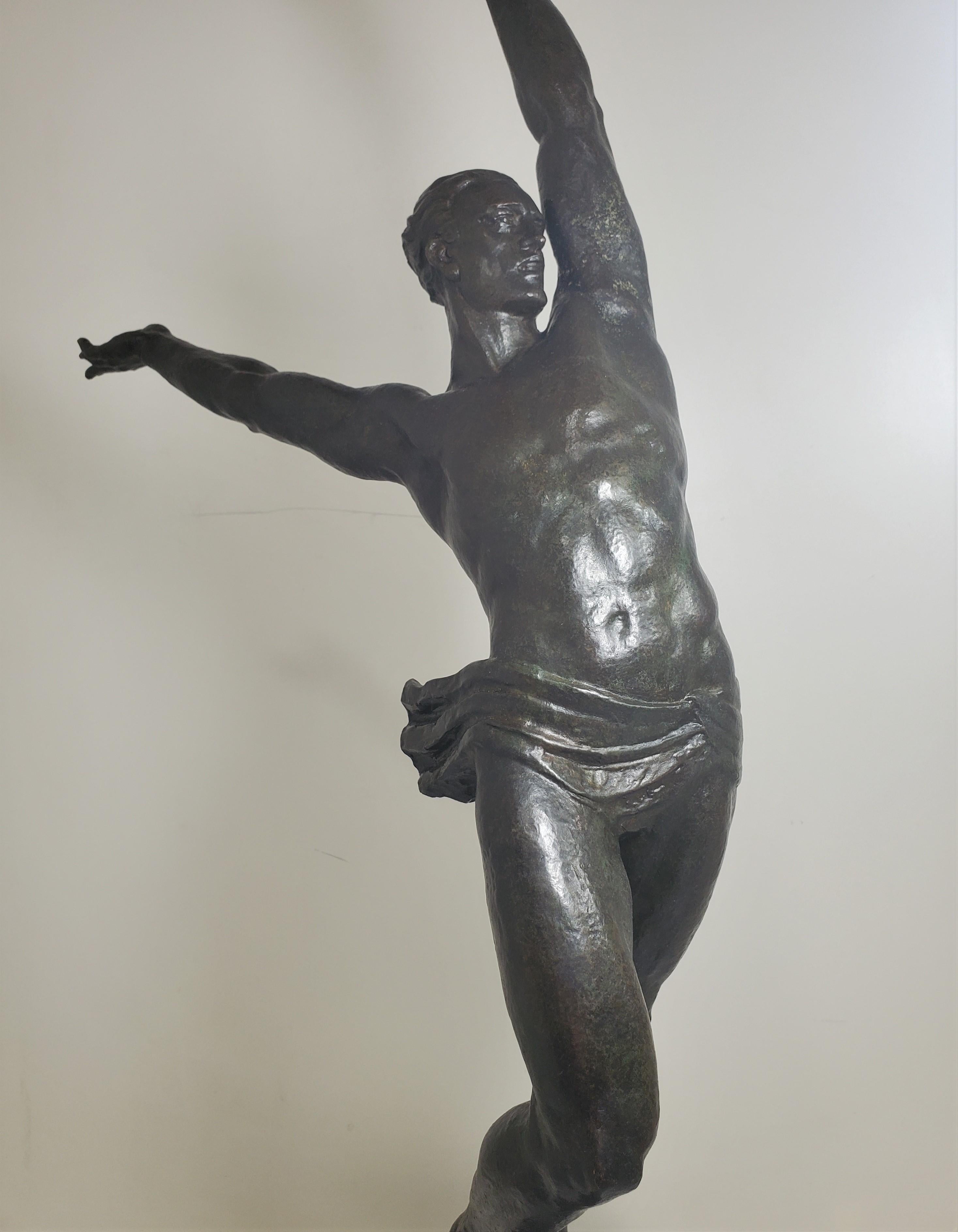 Large Original French Art Deco Bronze of a Semi-Nude Male Athlete by Le Faguays In Good Condition For Sale In New York City, NY