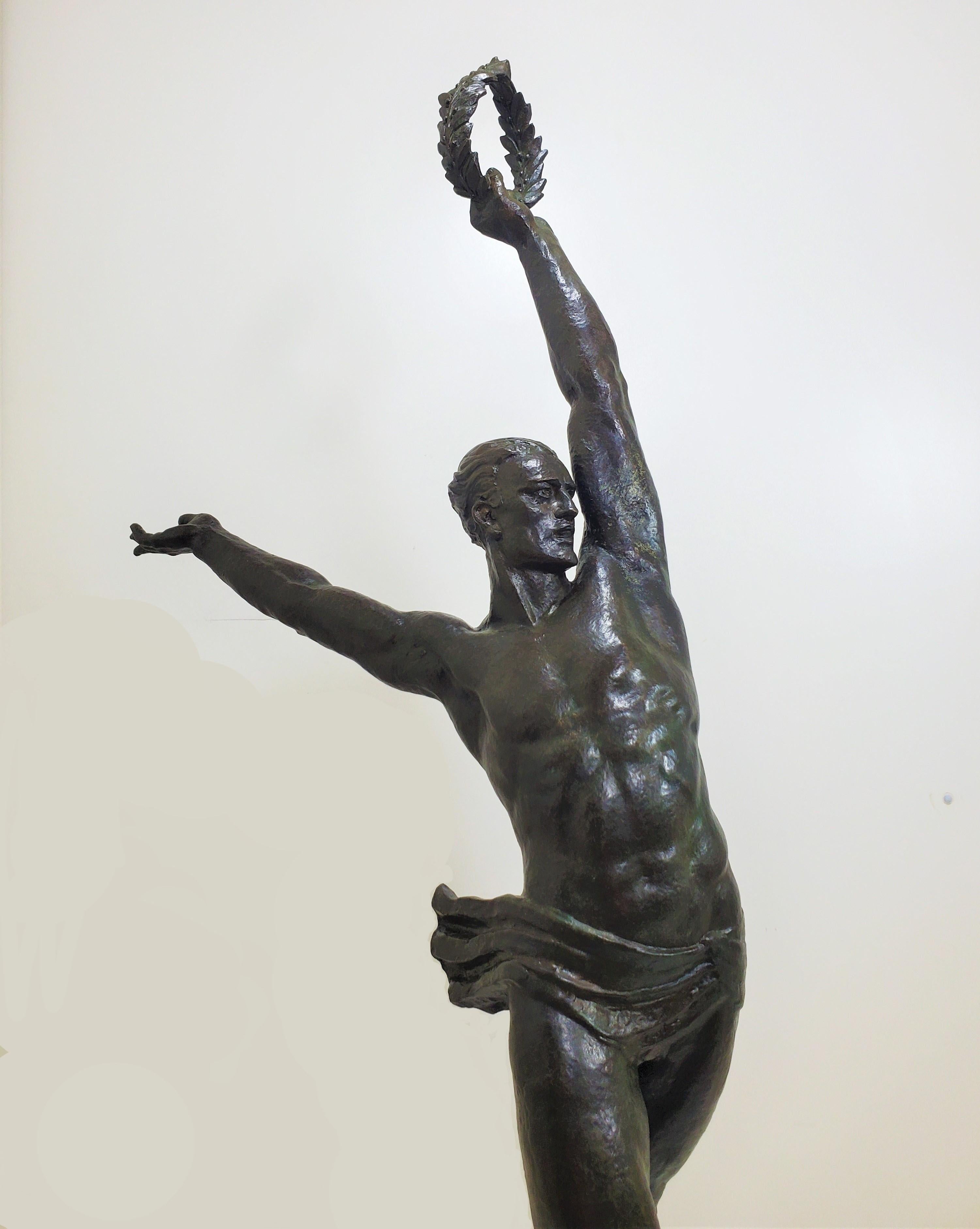 20th Century Large Original French Art Deco Bronze of a Semi-Nude Male Athlete by Le Faguays For Sale