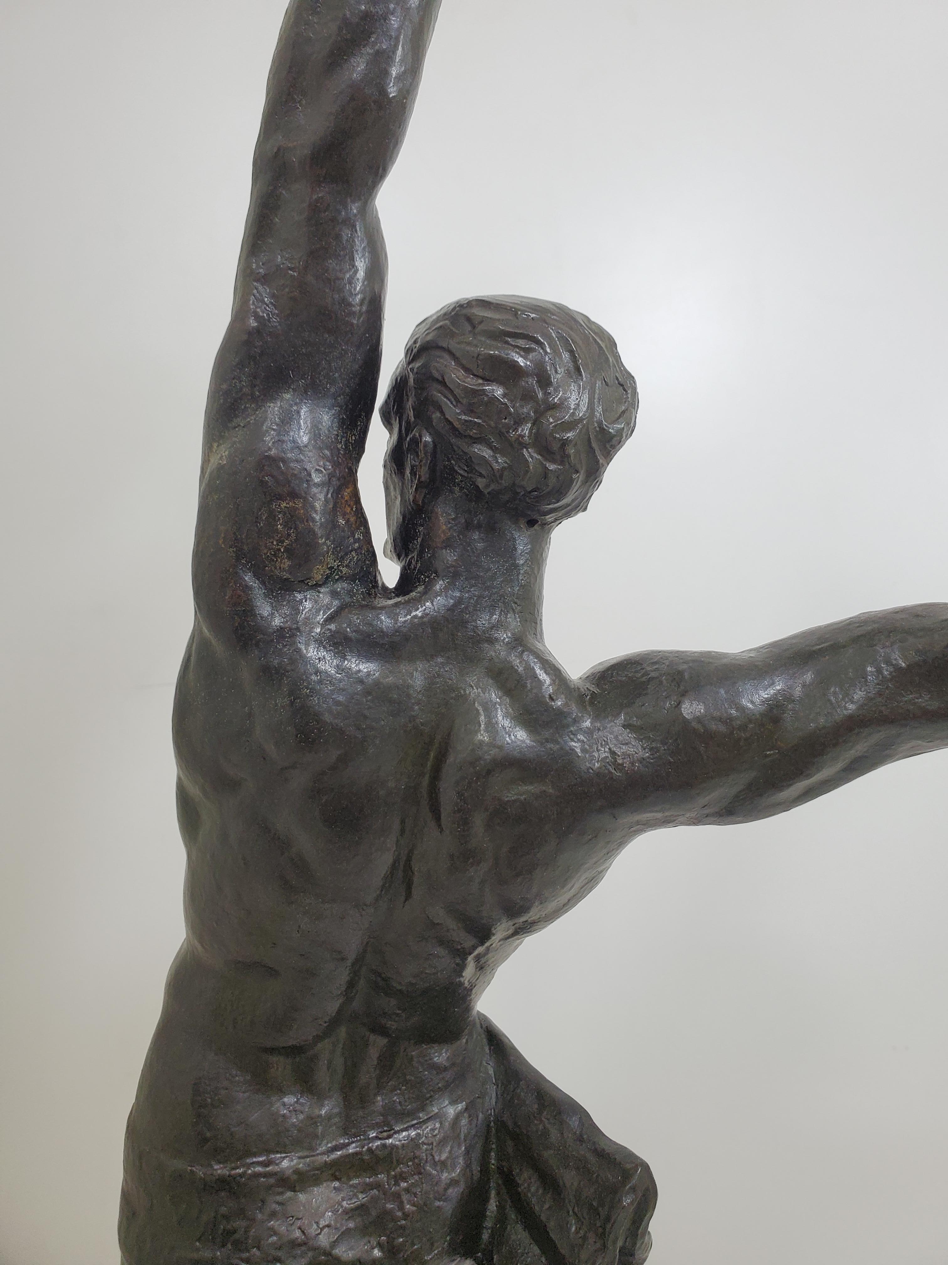 Large Original French Art Deco Bronze of a Semi-Nude Male Athlete by Le Faguays For Sale 1