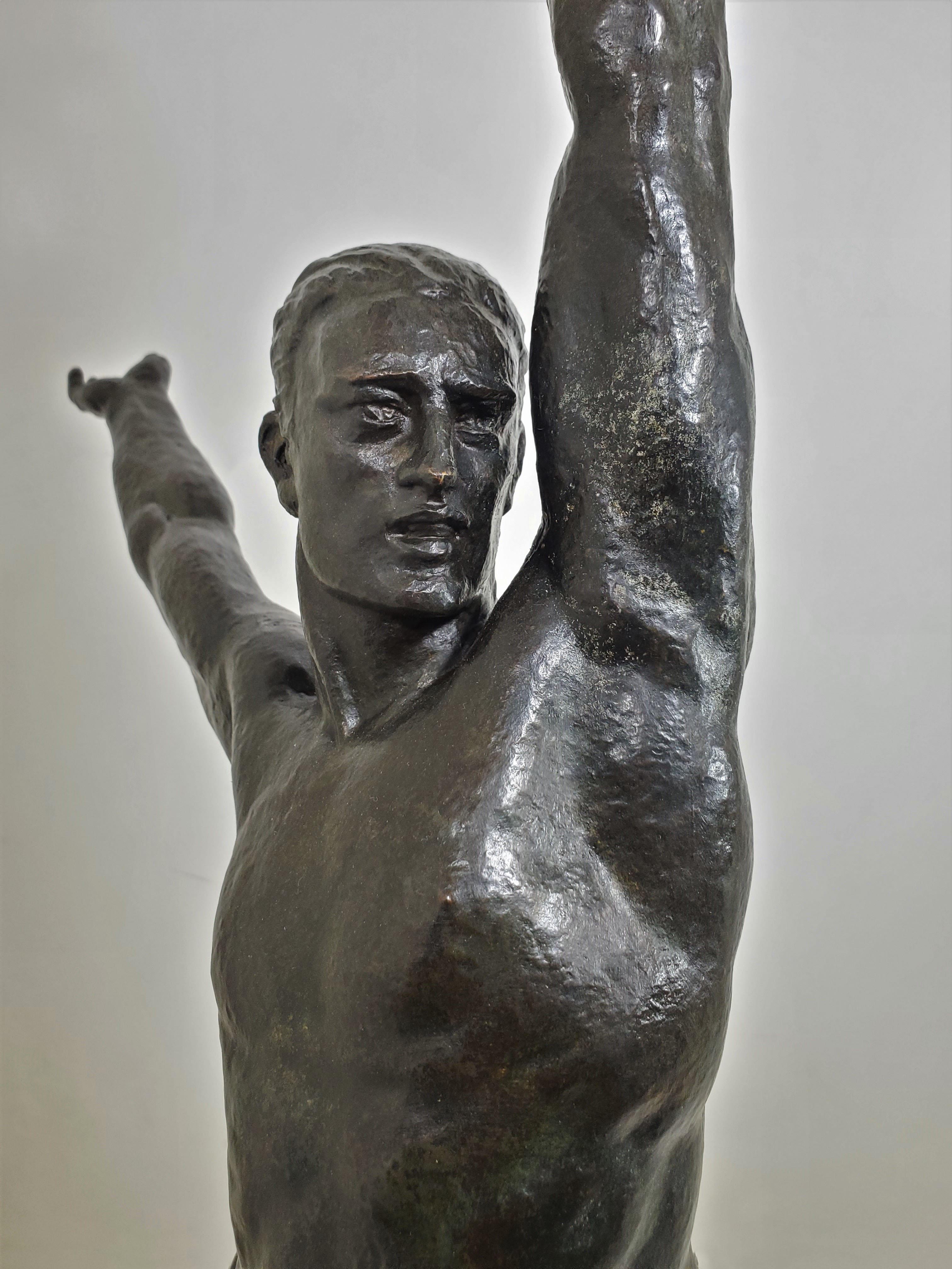 Large Original French Art Deco Bronze of a Semi-Nude Male Athlete by Le Faguays For Sale 2
