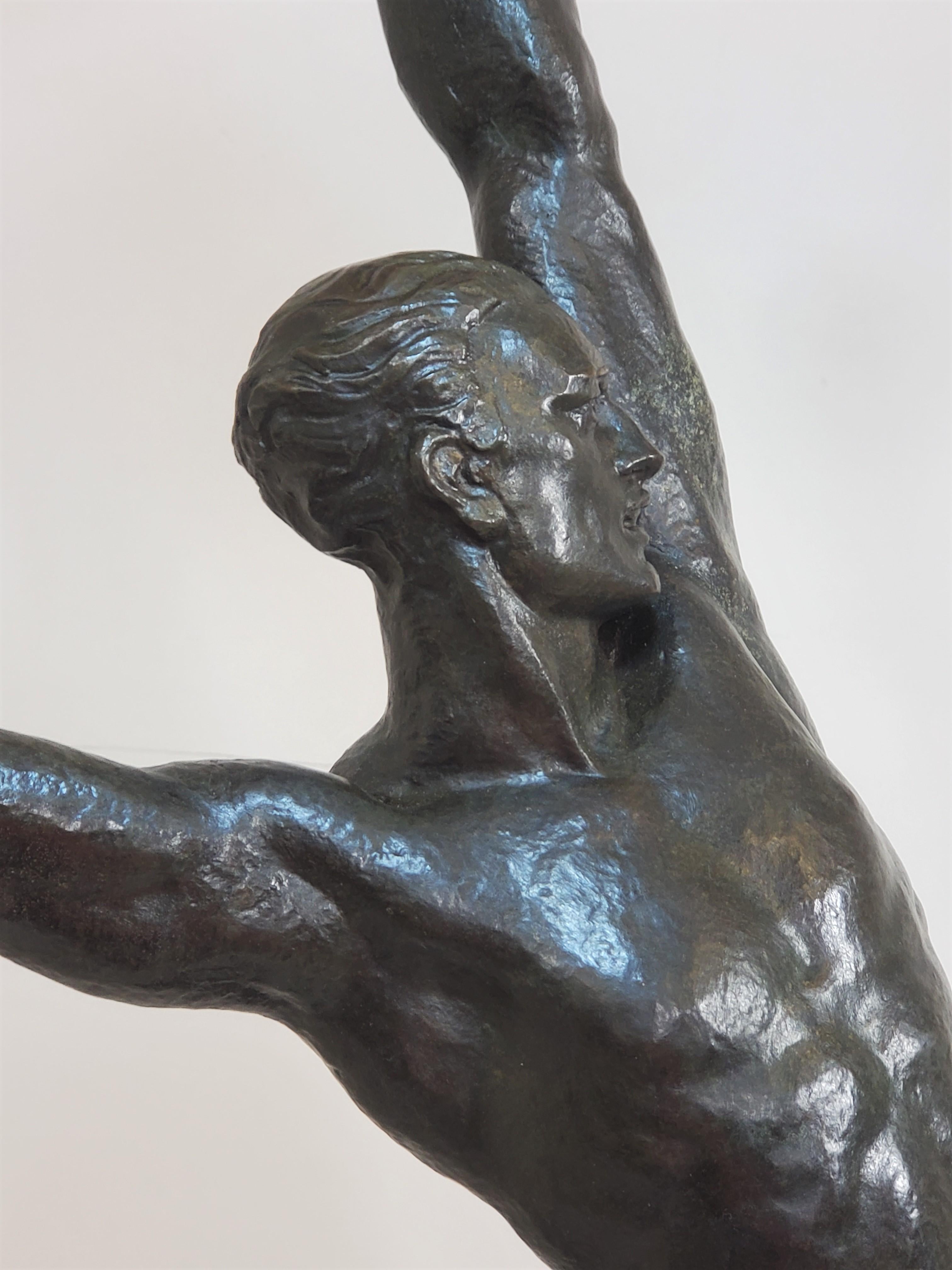Large Original French Art Deco Bronze of a Semi-Nude Male Athlete by Le Faguays For Sale 3