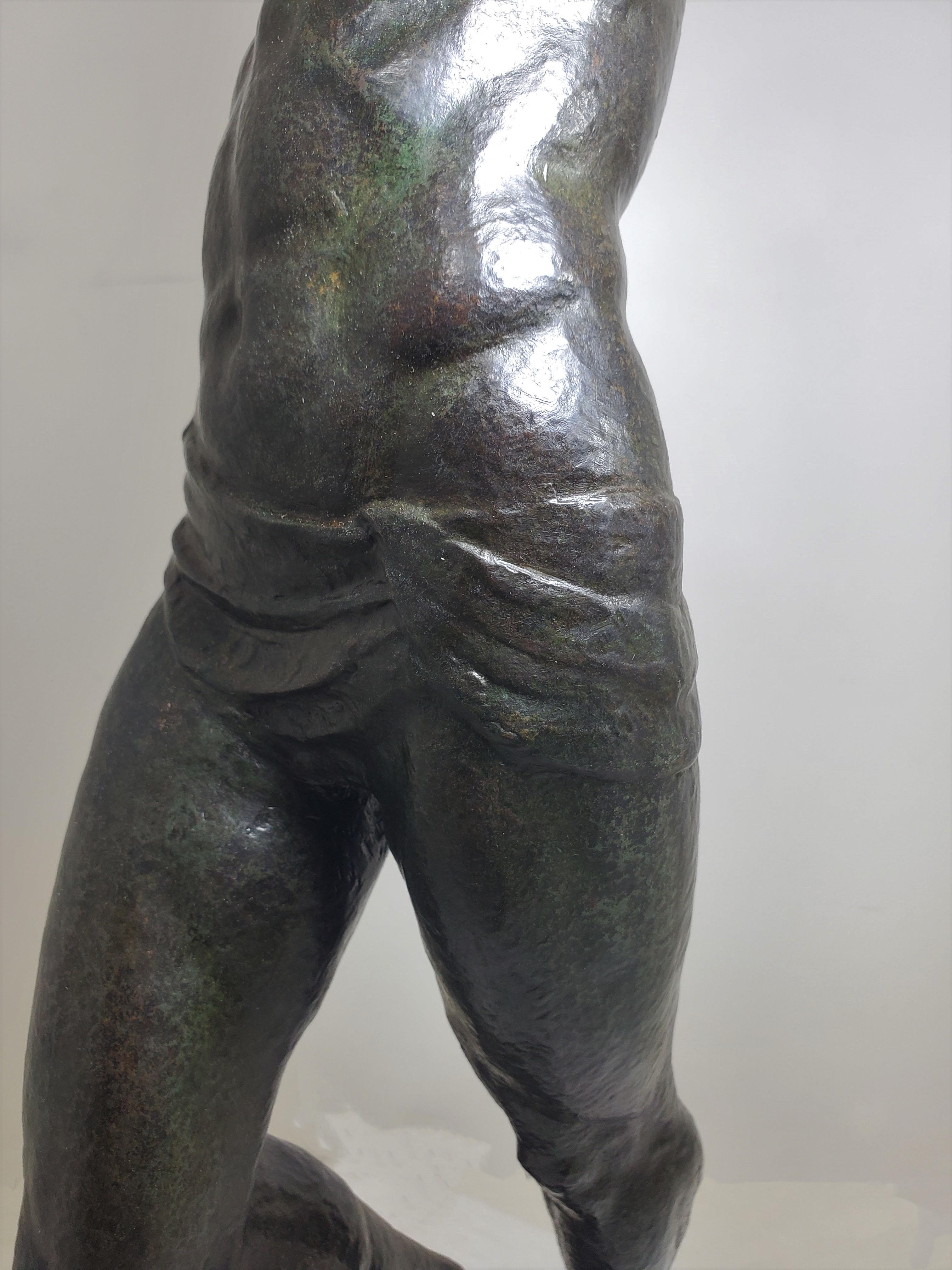 Large Original French Art Deco Bronze of a Semi-Nude Male Athlete by Le Faguays For Sale 4