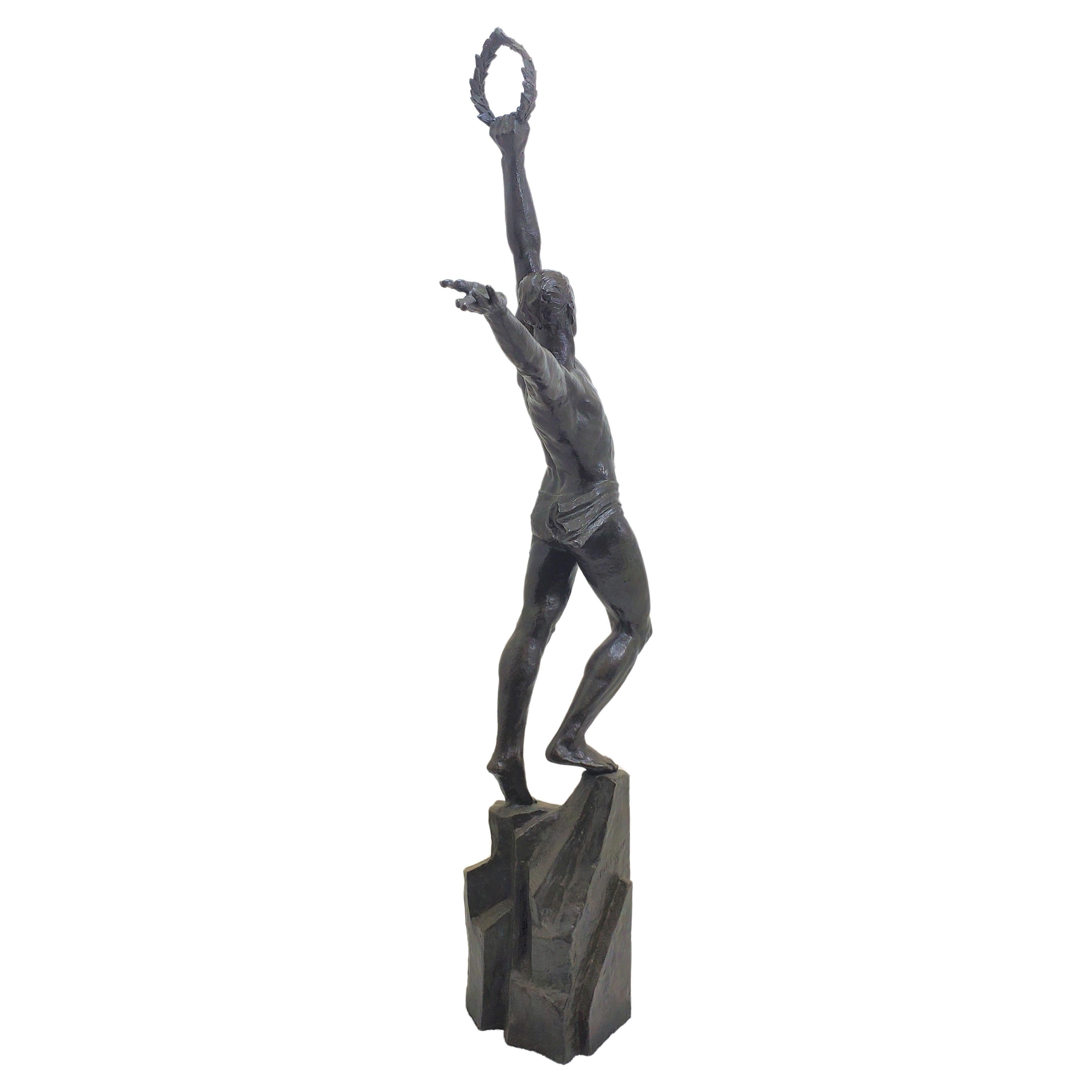 Large Original French Art Deco Bronze of a Semi-Nude Male Athlete by Le Faguays For Sale 5