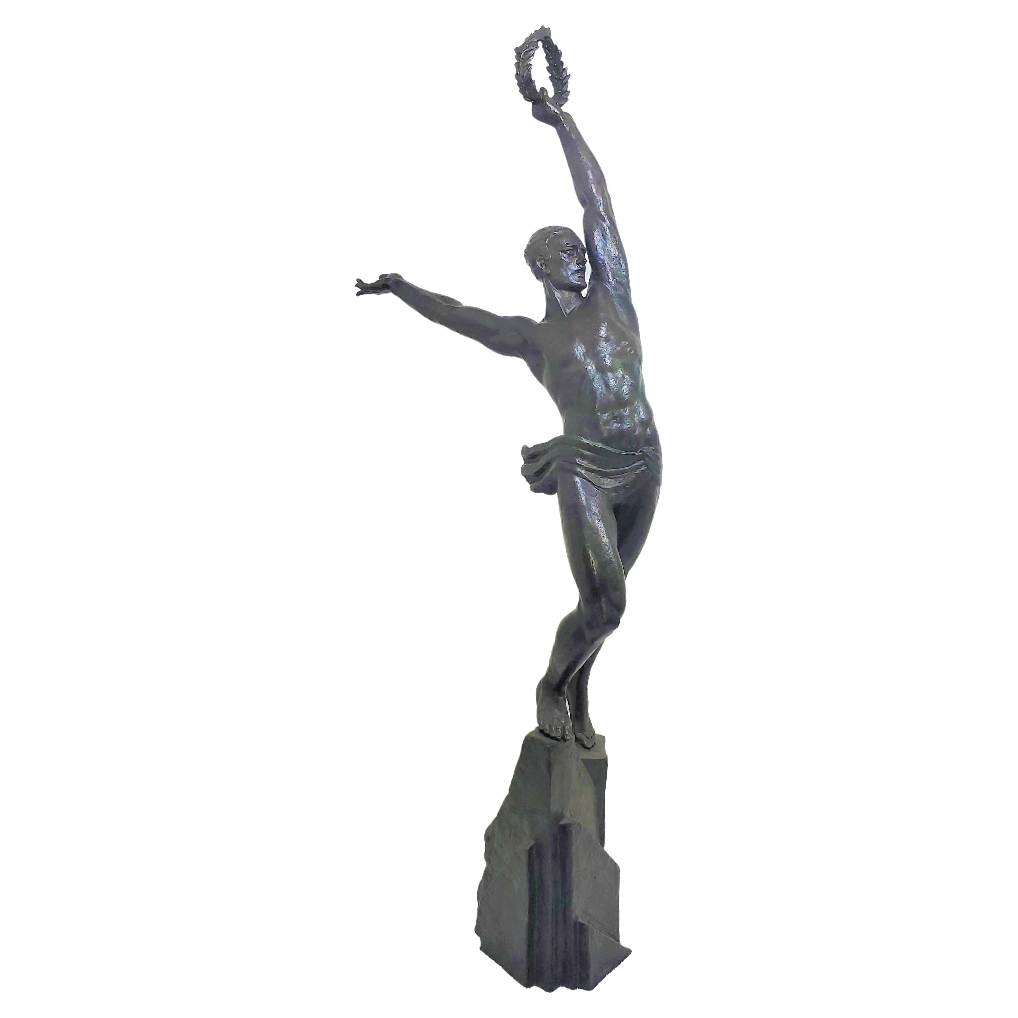 Large Original French Art Deco Bronze of a Semi-Nude Male Athlete by Le Faguays For Sale