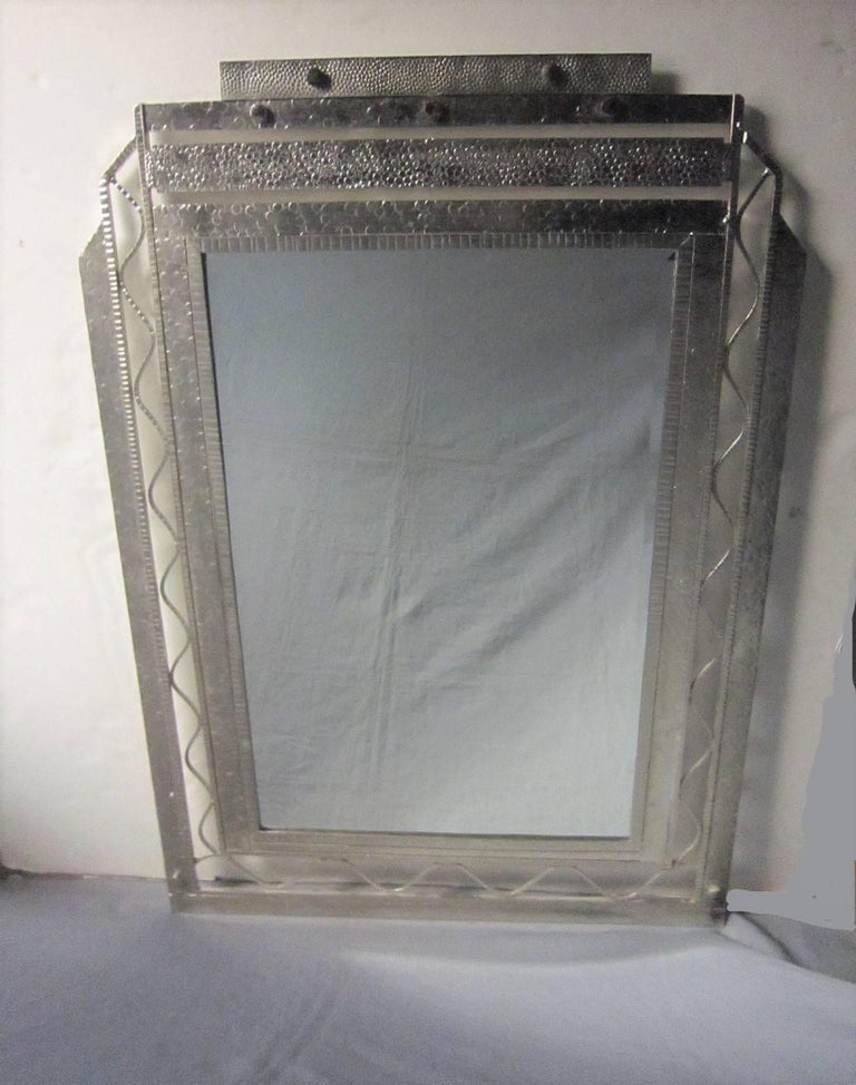 Large Original French Art Deco Hand-Hammered Nickeled Iron Mirror For Sale 9
