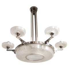 Large Original French nickel bronze etched glass chandelier Hettier Vincent