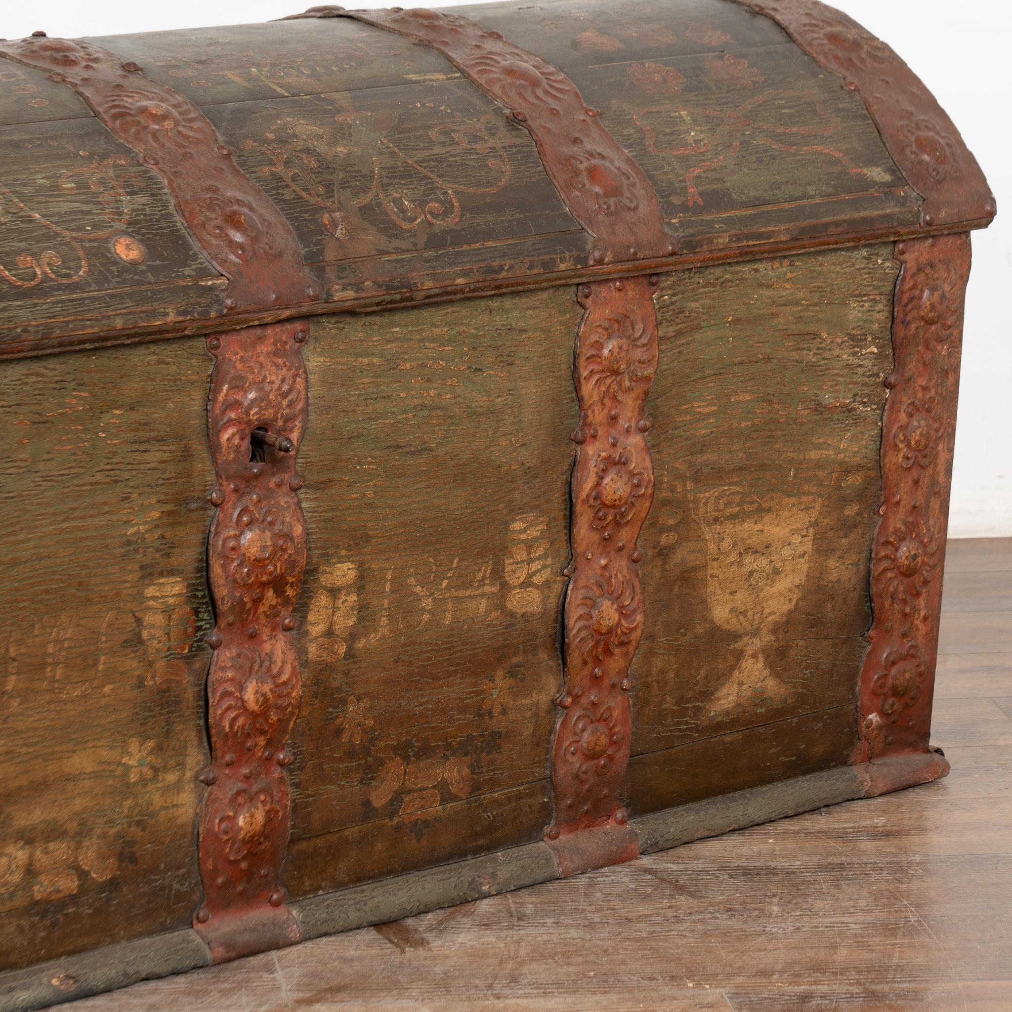 Large Original Green Painted Swedish Dome Top Trunk dated 1844 For Sale 4