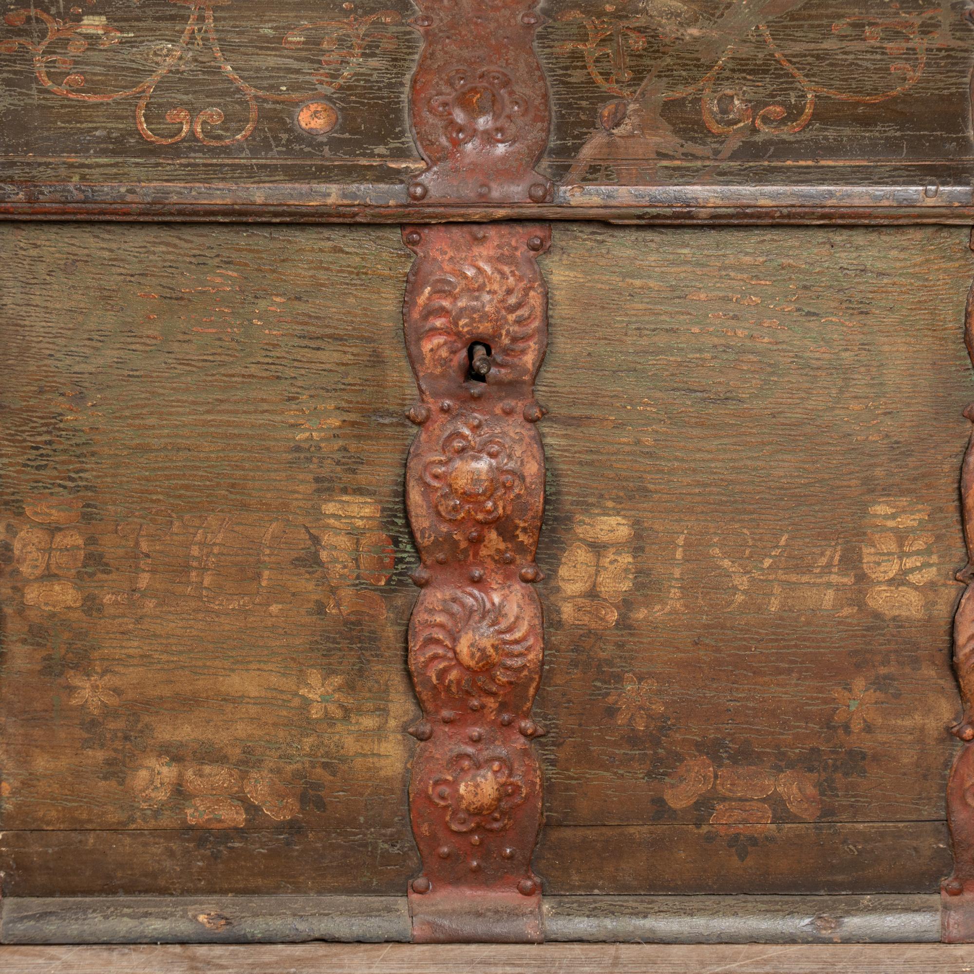 Large Original Green Painted Swedish Dome Top Trunk dated 1844 For Sale 6