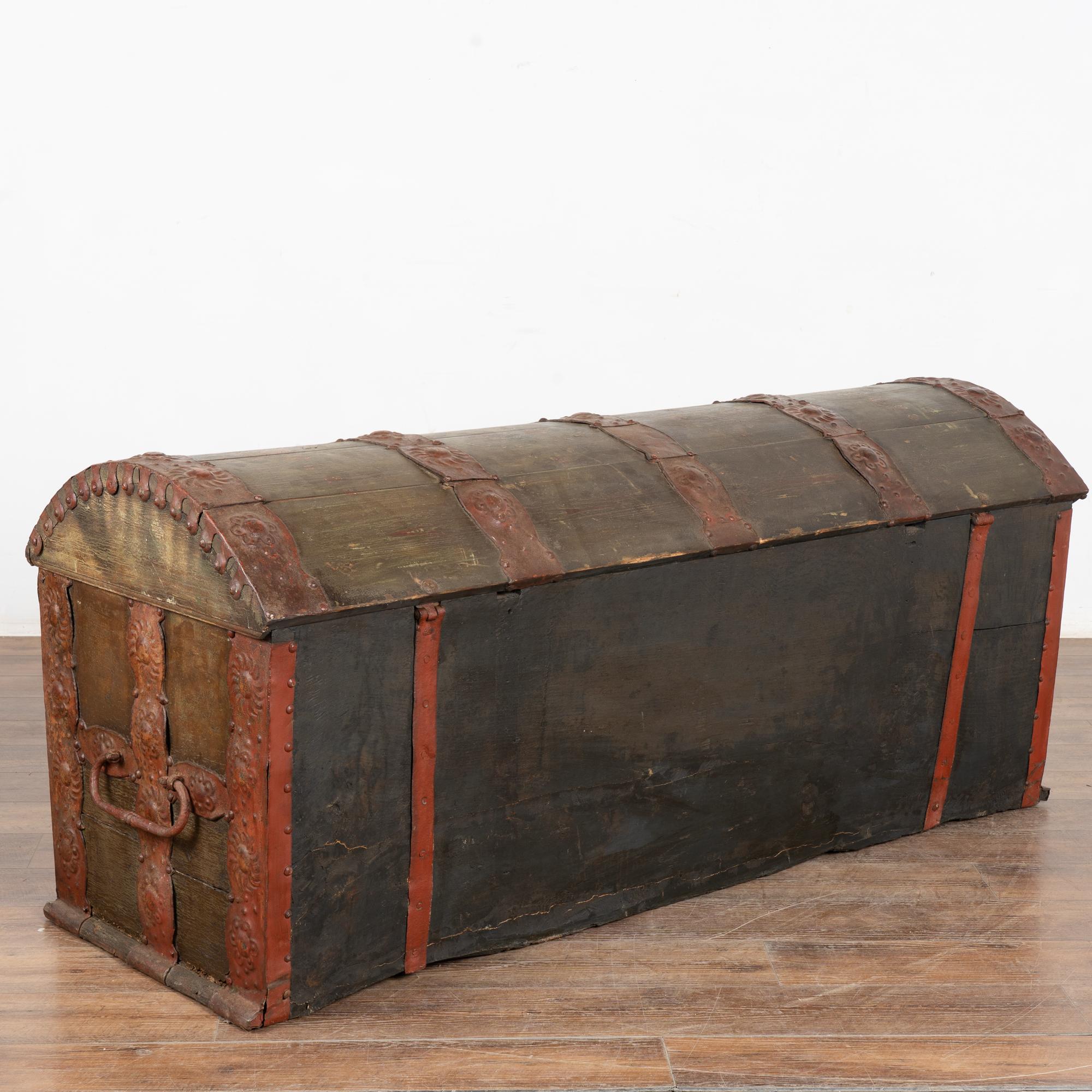 Large Original Green Painted Swedish Dome Top Trunk dated 1844 For Sale 7